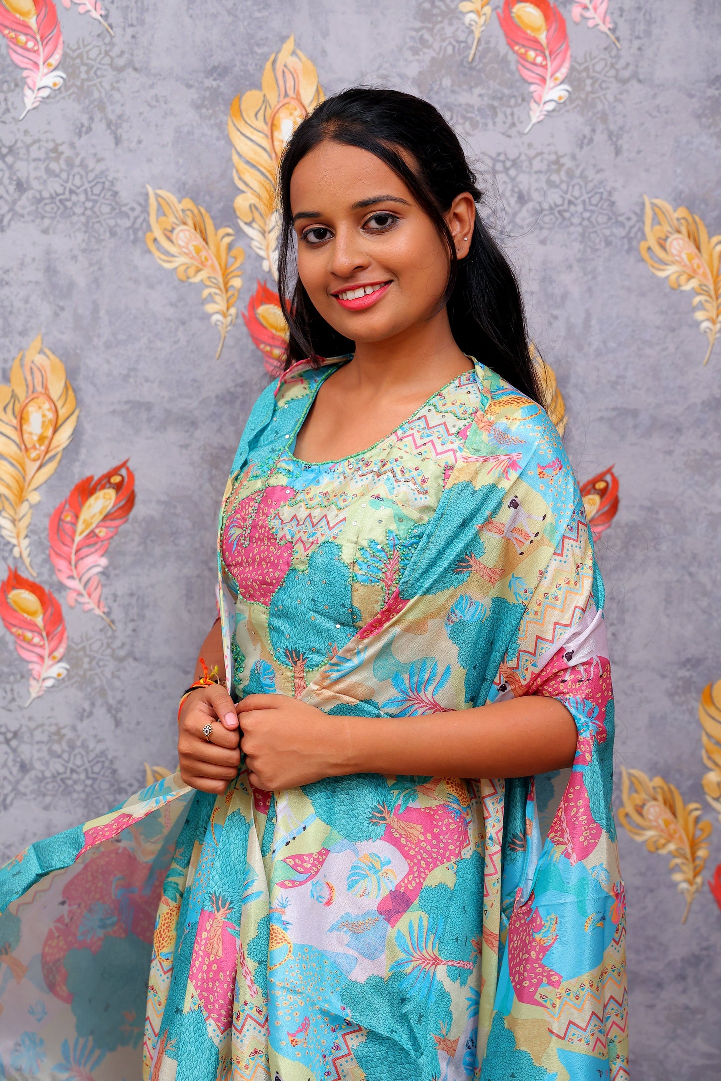 Multicolor Artistic Ensemble With Nature-Inspired Patterns Lehenga For Women & Girls