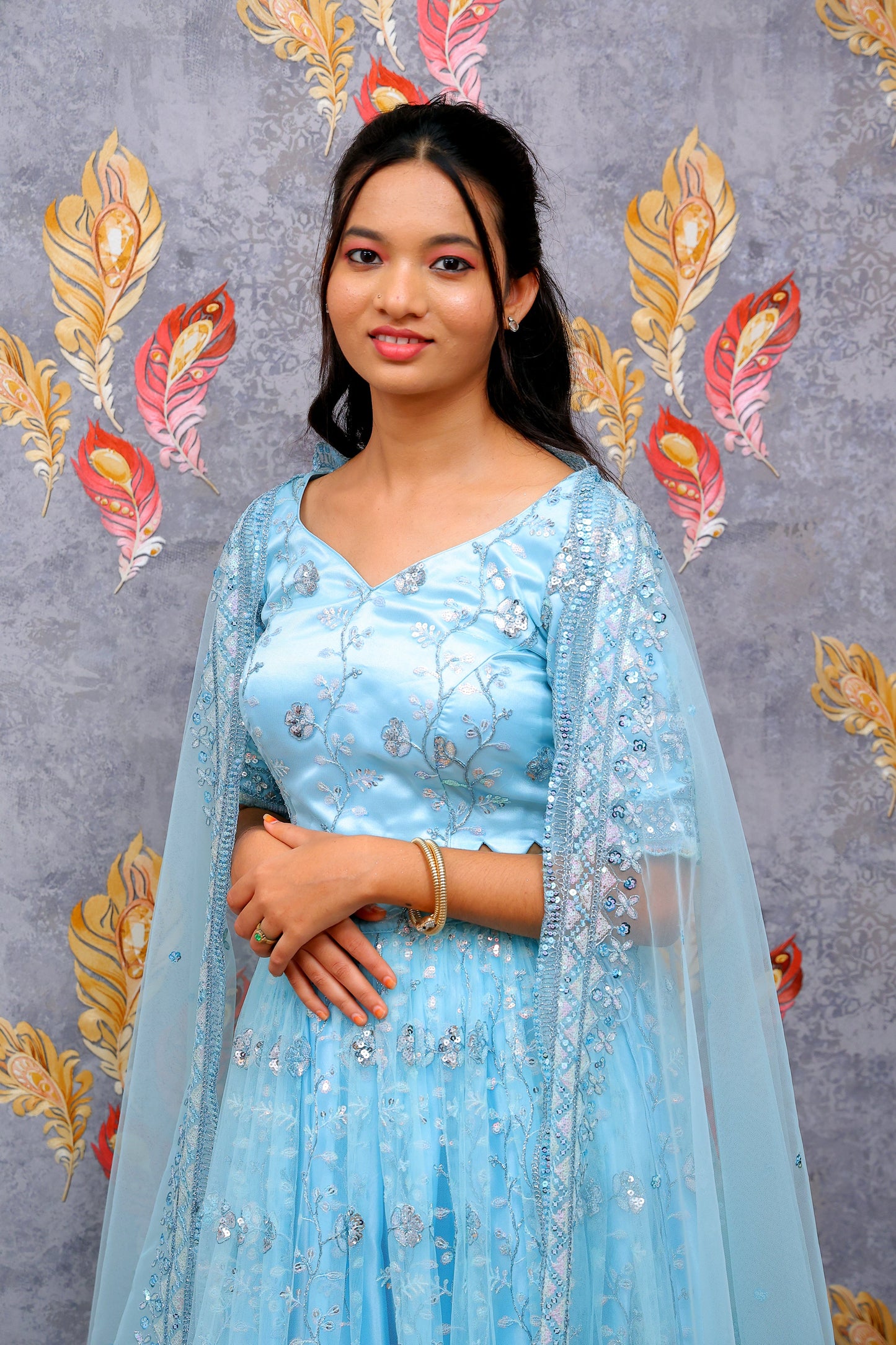 Light Blue Lehenga Choli With Silver Sequin Embroidery For Women & Girls
