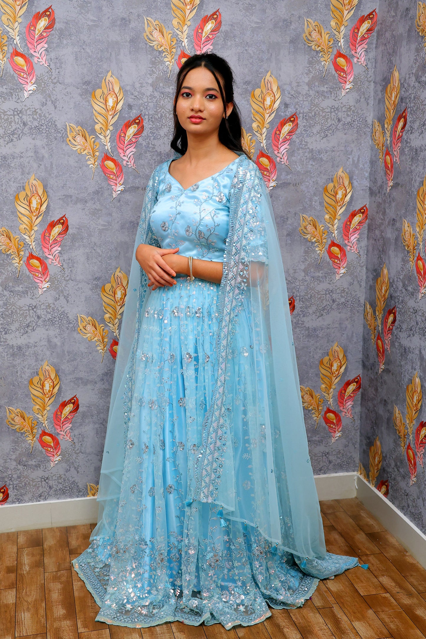 Light Blue Lehenga Choli With Silver Sequin Embroidery For Women & Girls