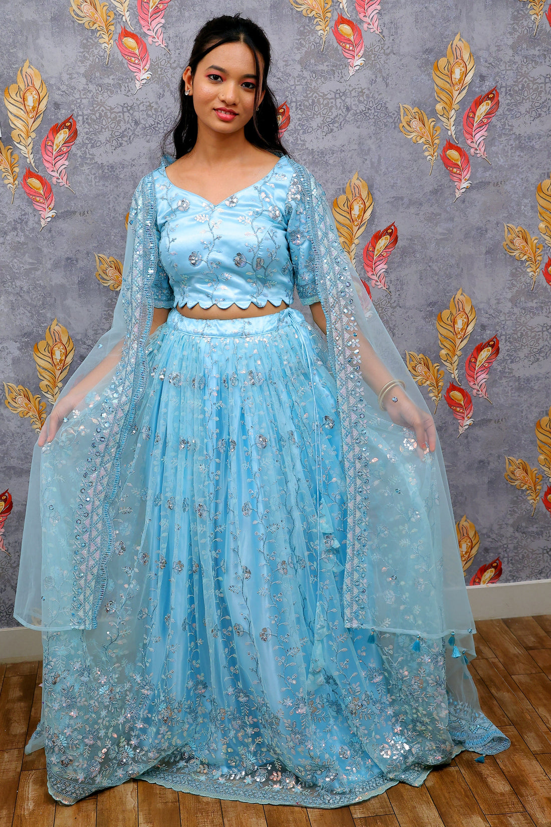 Light Blue Lehenga Choli With Silver Sequin Embroidery For Women & Girls - Aira Fabrics Designer Studio