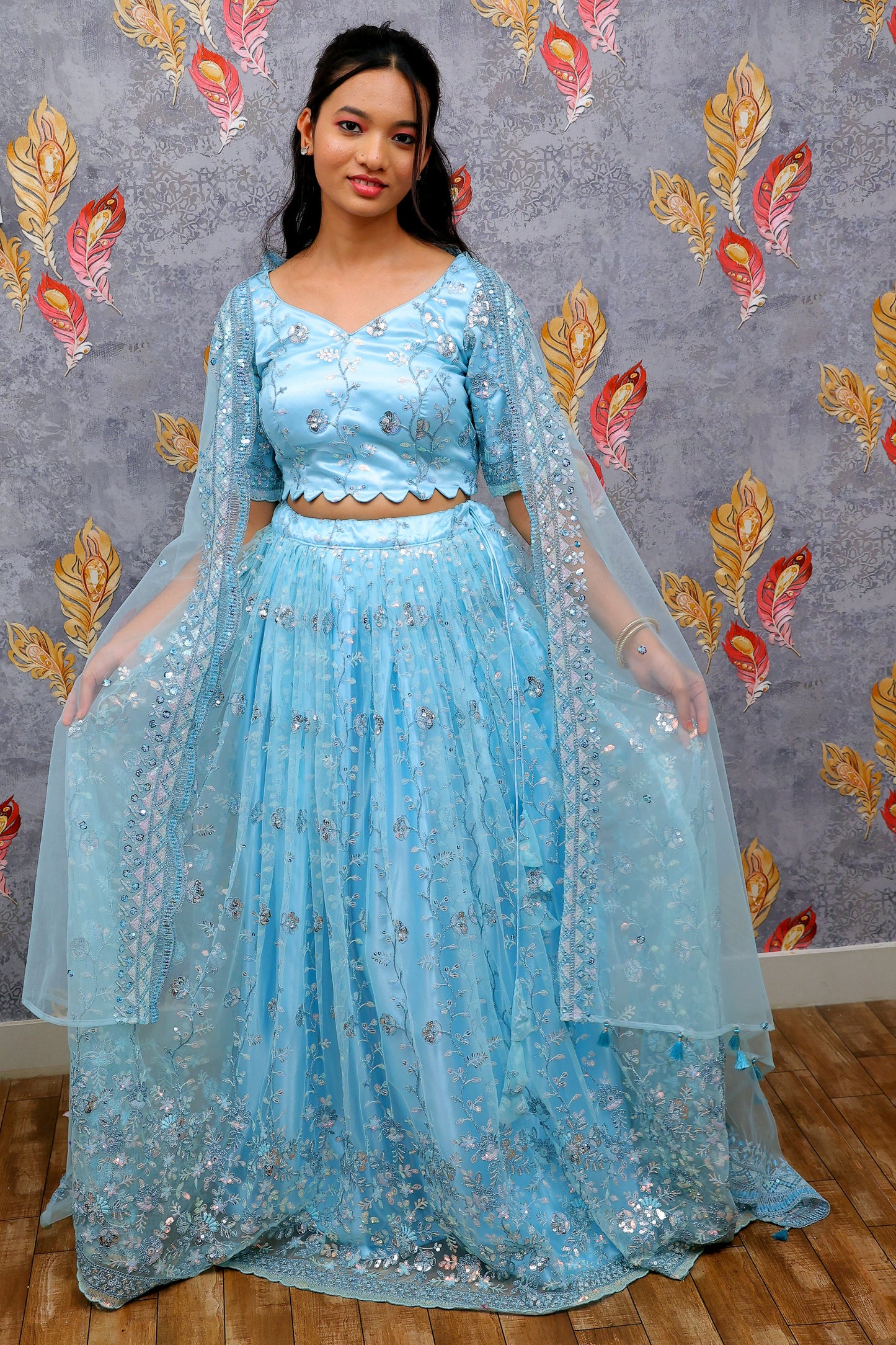 Light Blue Lehenga Choli With Silver Sequin Embroidery For Women & Girls