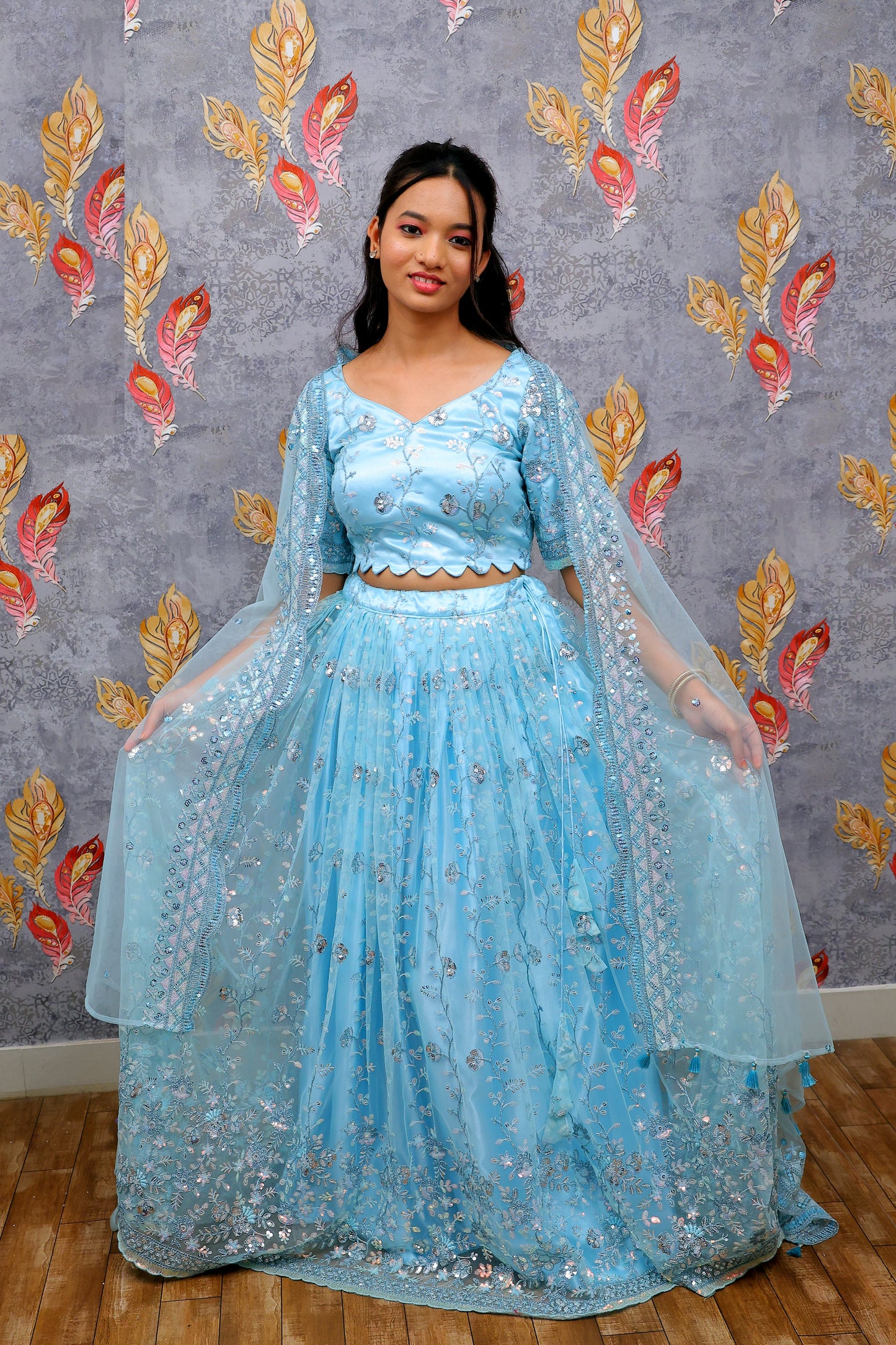 Light Blue Lehenga Choli With Silver Sequin Embroidery For Women & Girls