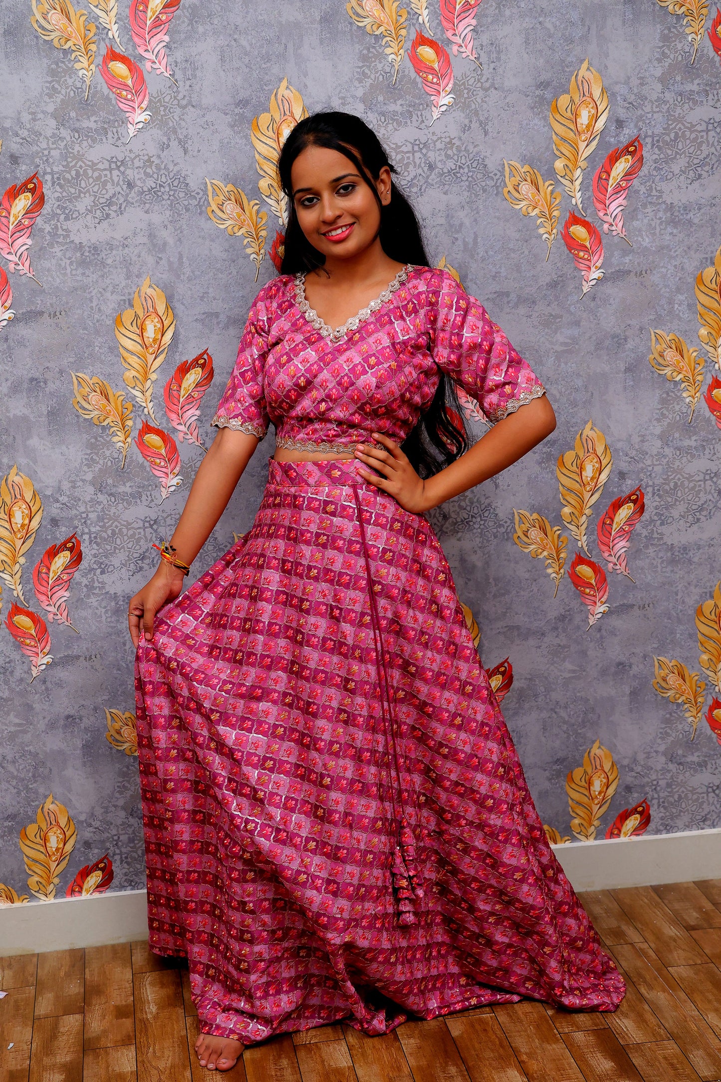 Pink Printed Ensemble With Geometric And Abstract Motifs Lehenga For Women & Girls