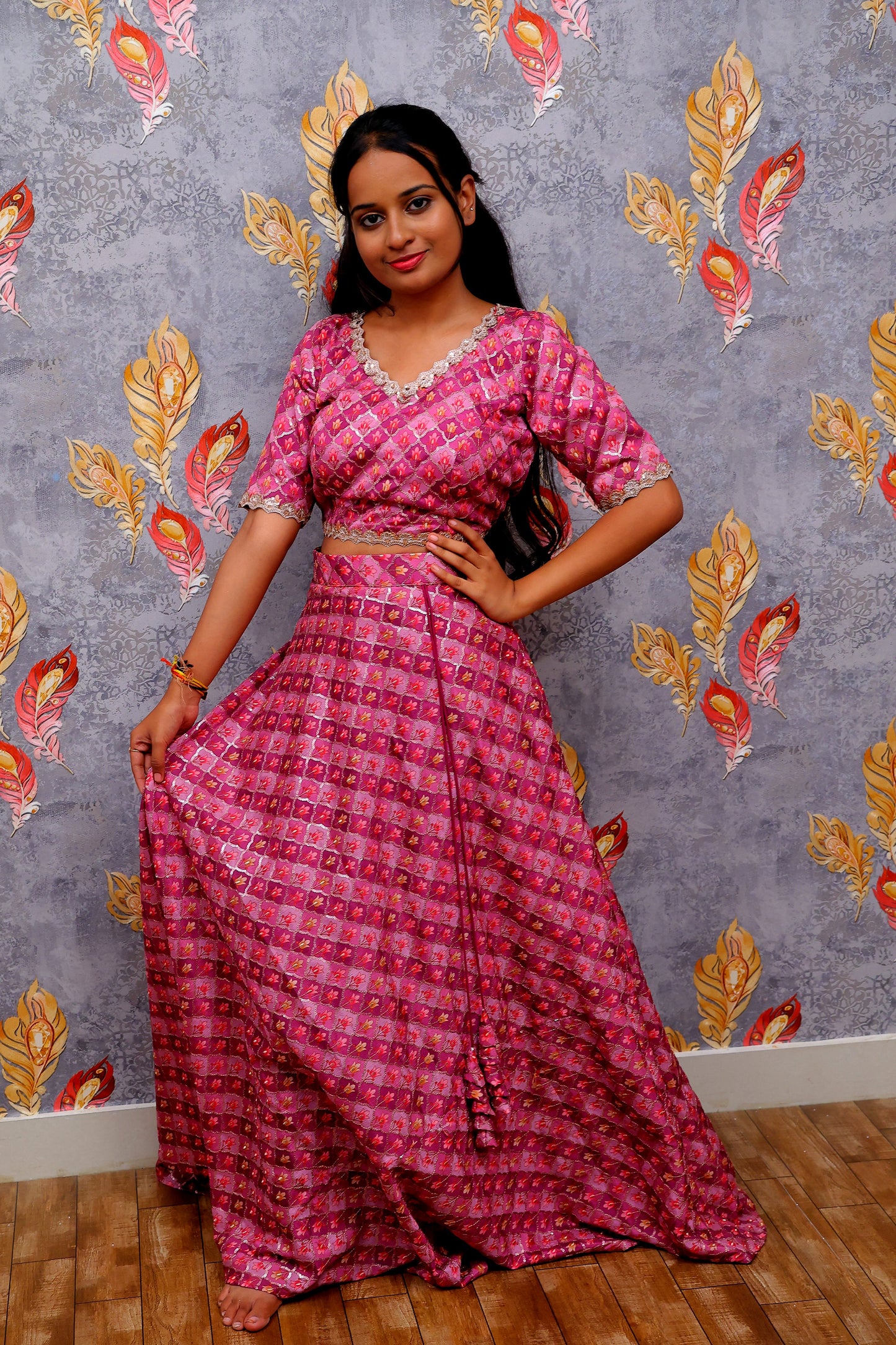 Pink Printed Ensemble With Geometric And Abstract Motifs Lehenga For Women & Girls