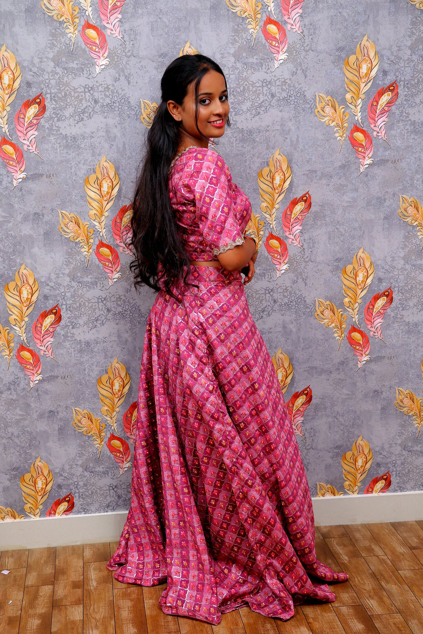 Pink Printed Ensemble With Geometric And Abstract Motifs Lehenga For Women & Girls