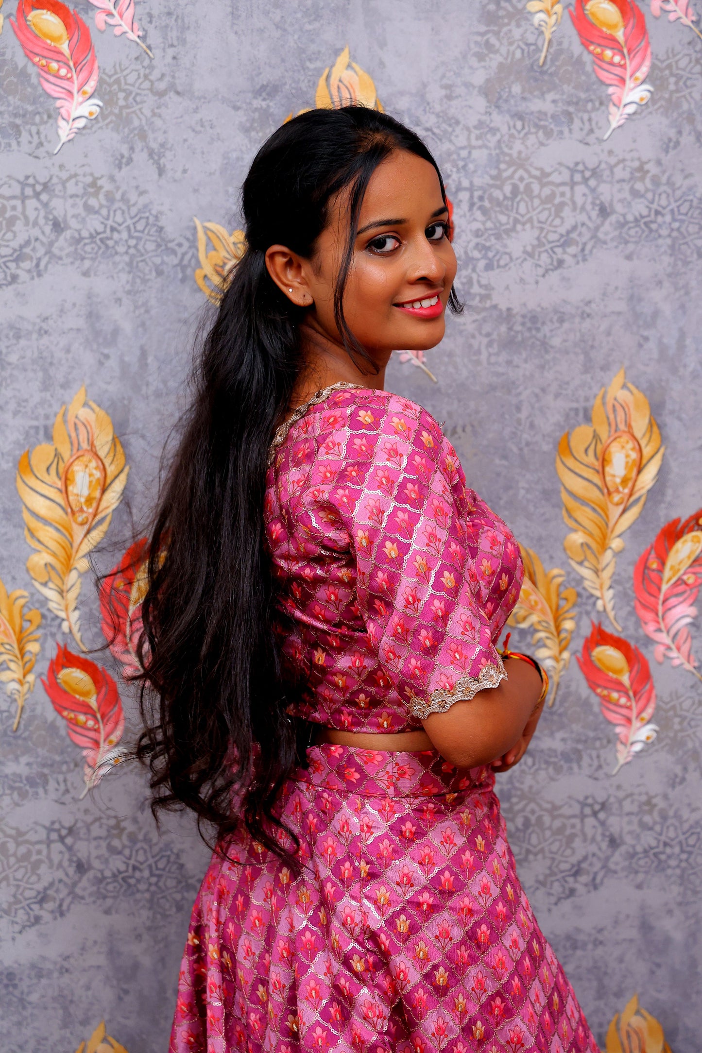 Pink Printed Ensemble With Geometric And Abstract Motifs Lehenga For Women & Girls