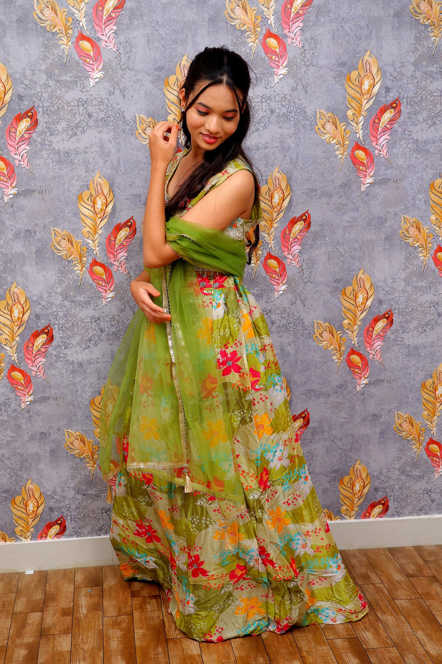 Light Green Floral Printed Lehenga For Women & Girls