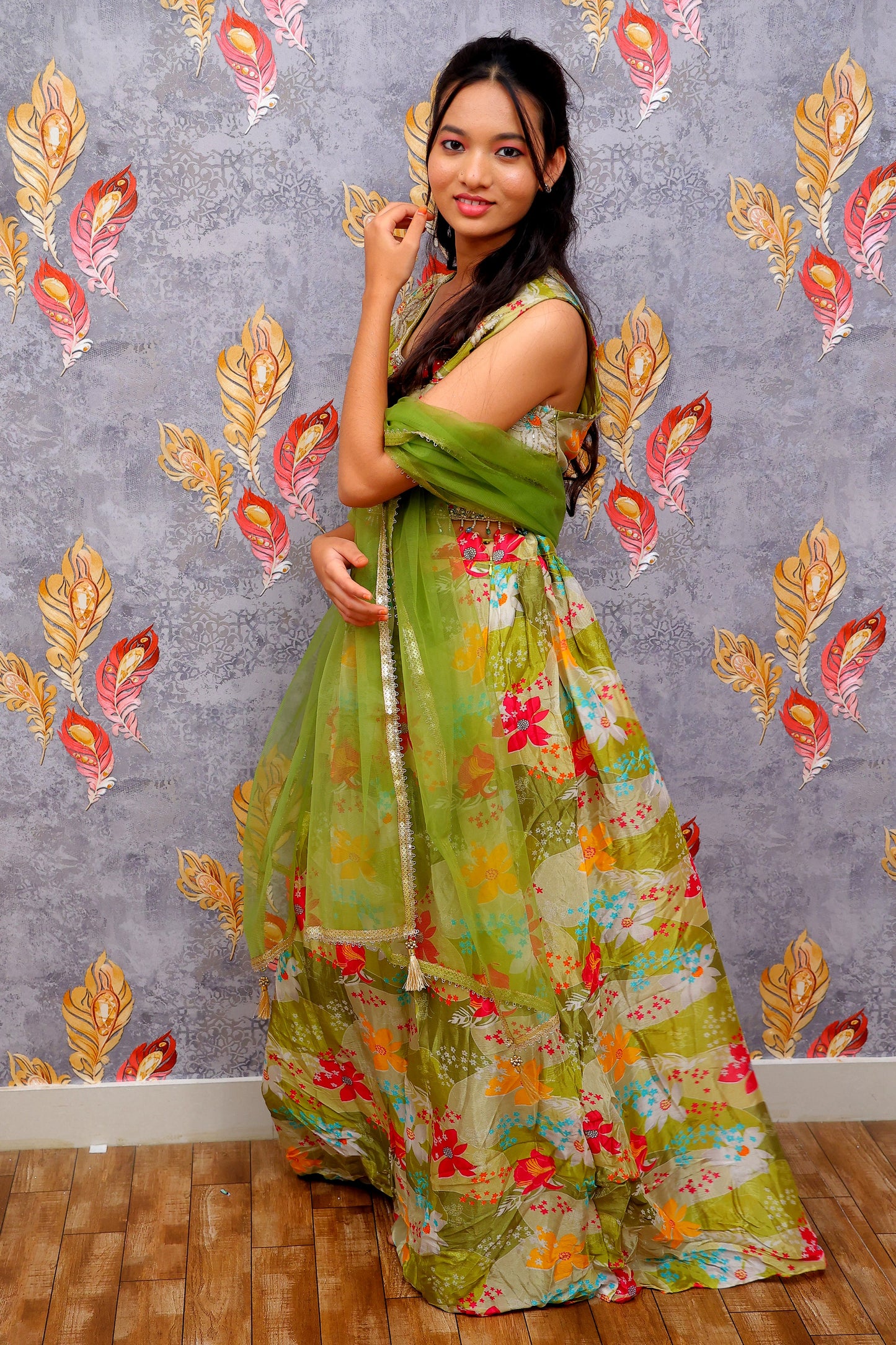 Light Green Floral Printed Lehenga For Women & Girls