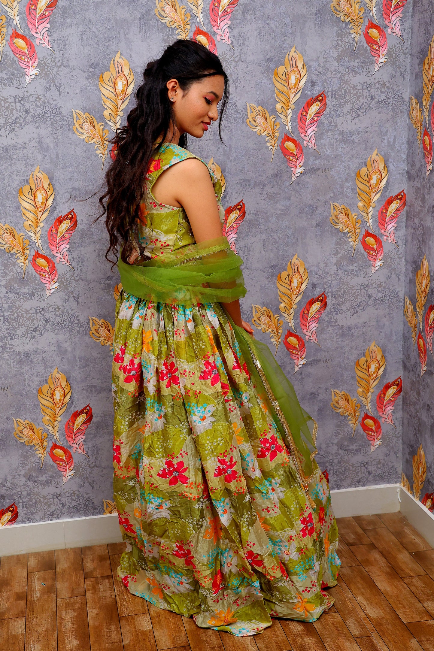 Light Green Floral Printed Lehenga For Women & Girls