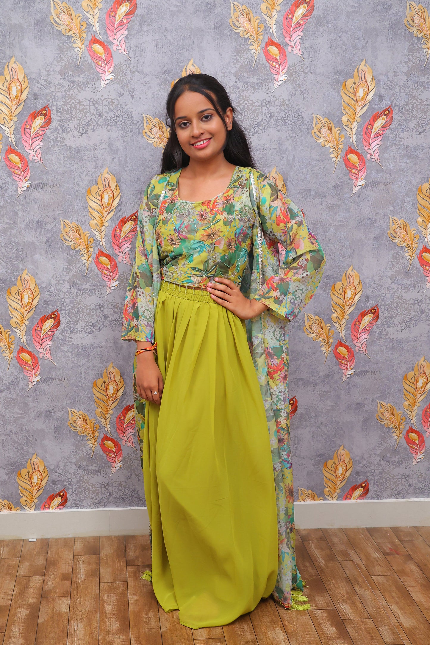 Multicolor Floral Top Lehenga With Sheer Sleeves For Women & Girls