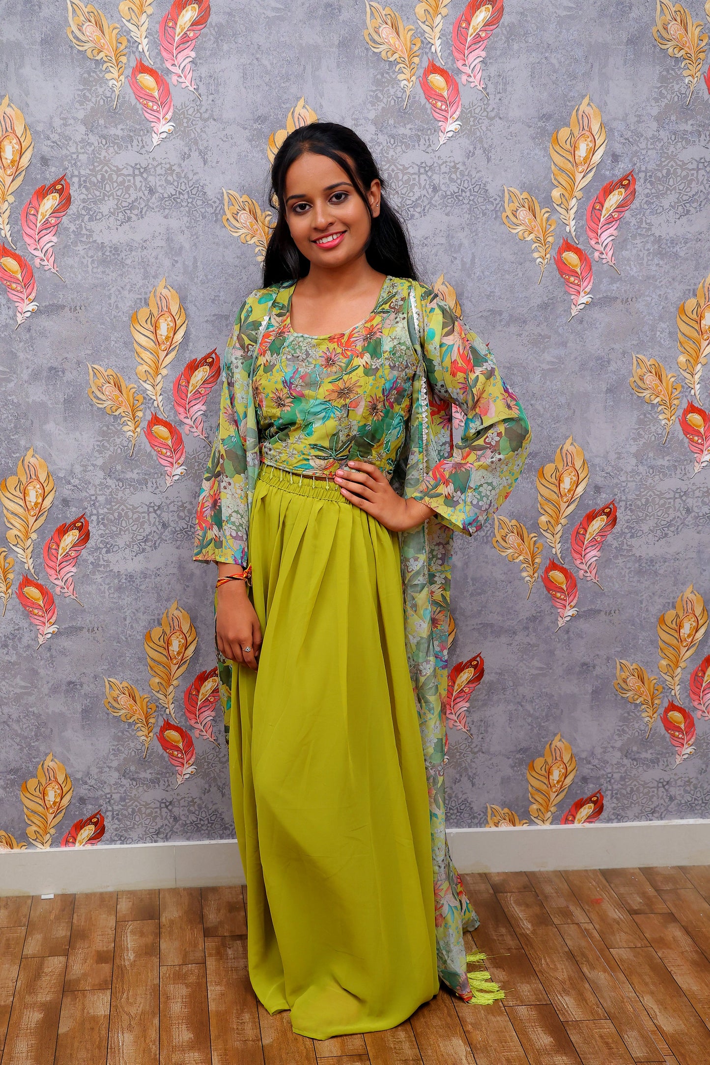 Multicolor Floral Top Lehenga With Sheer Sleeves For Women & Girls