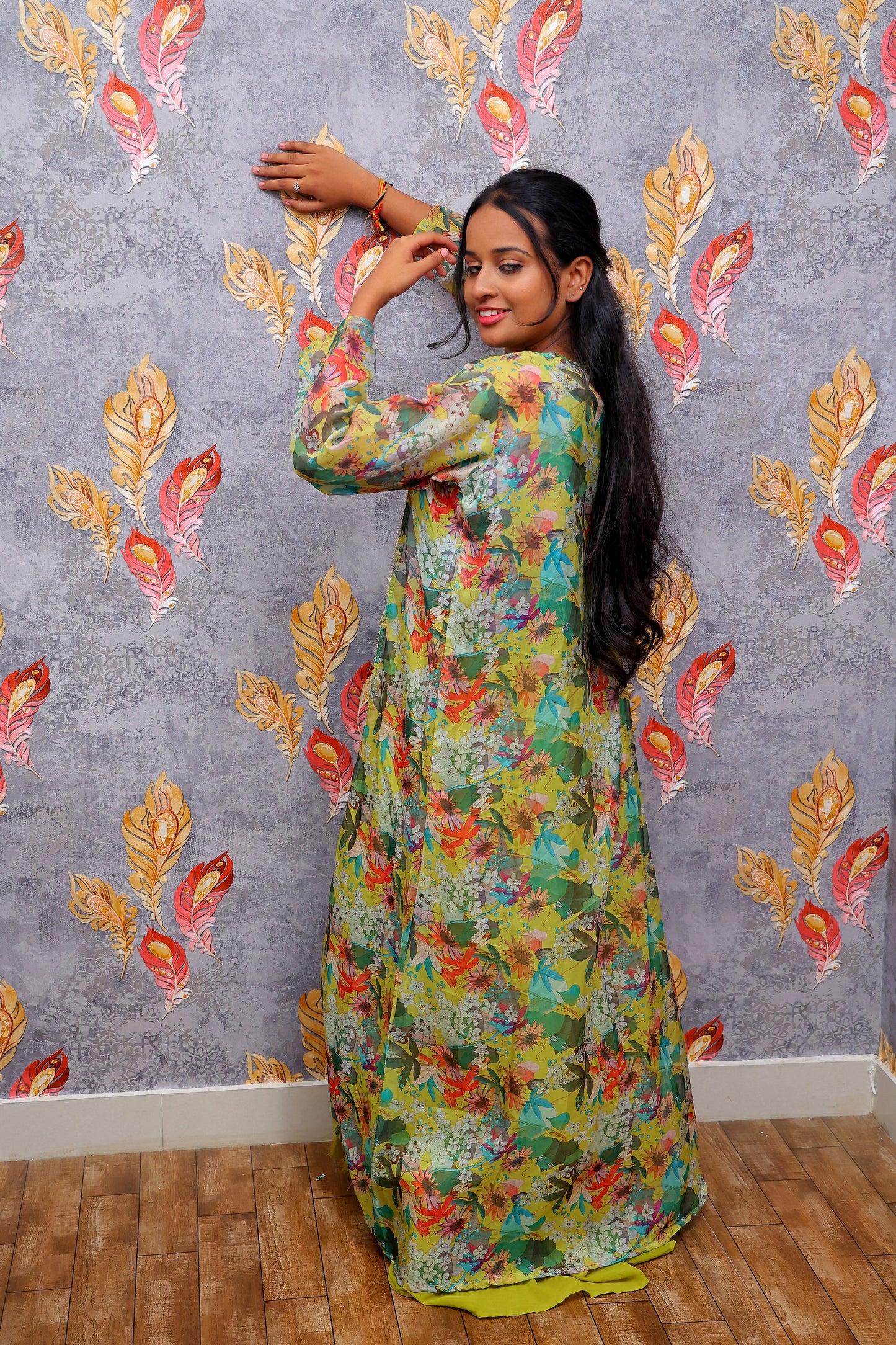 Multicolor Floral Top Lehenga With Sheer Sleeves For Women & Girls