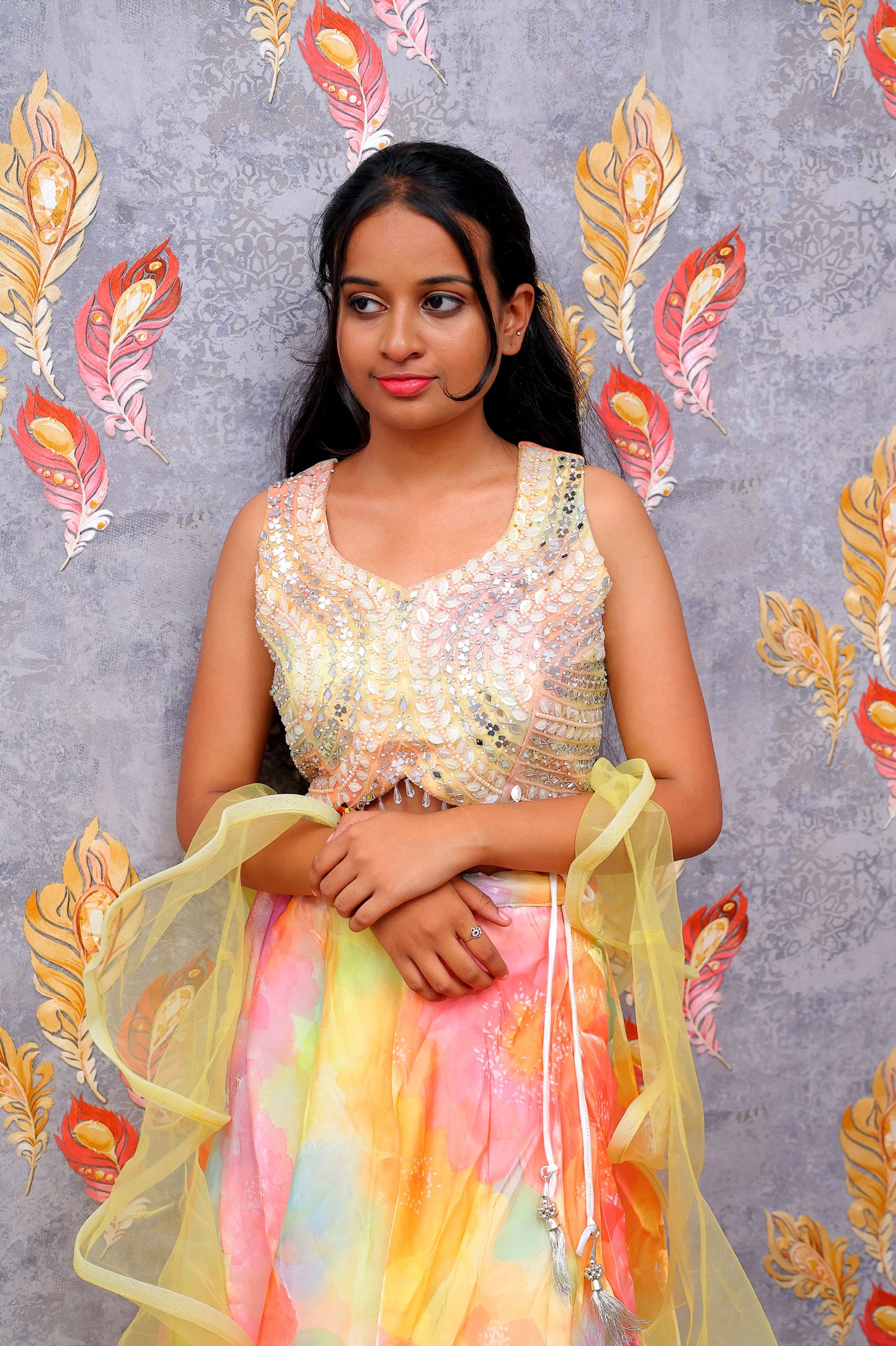 Yellow & Orange Lehenga Choli With A Net Dupatta For Women & Girls