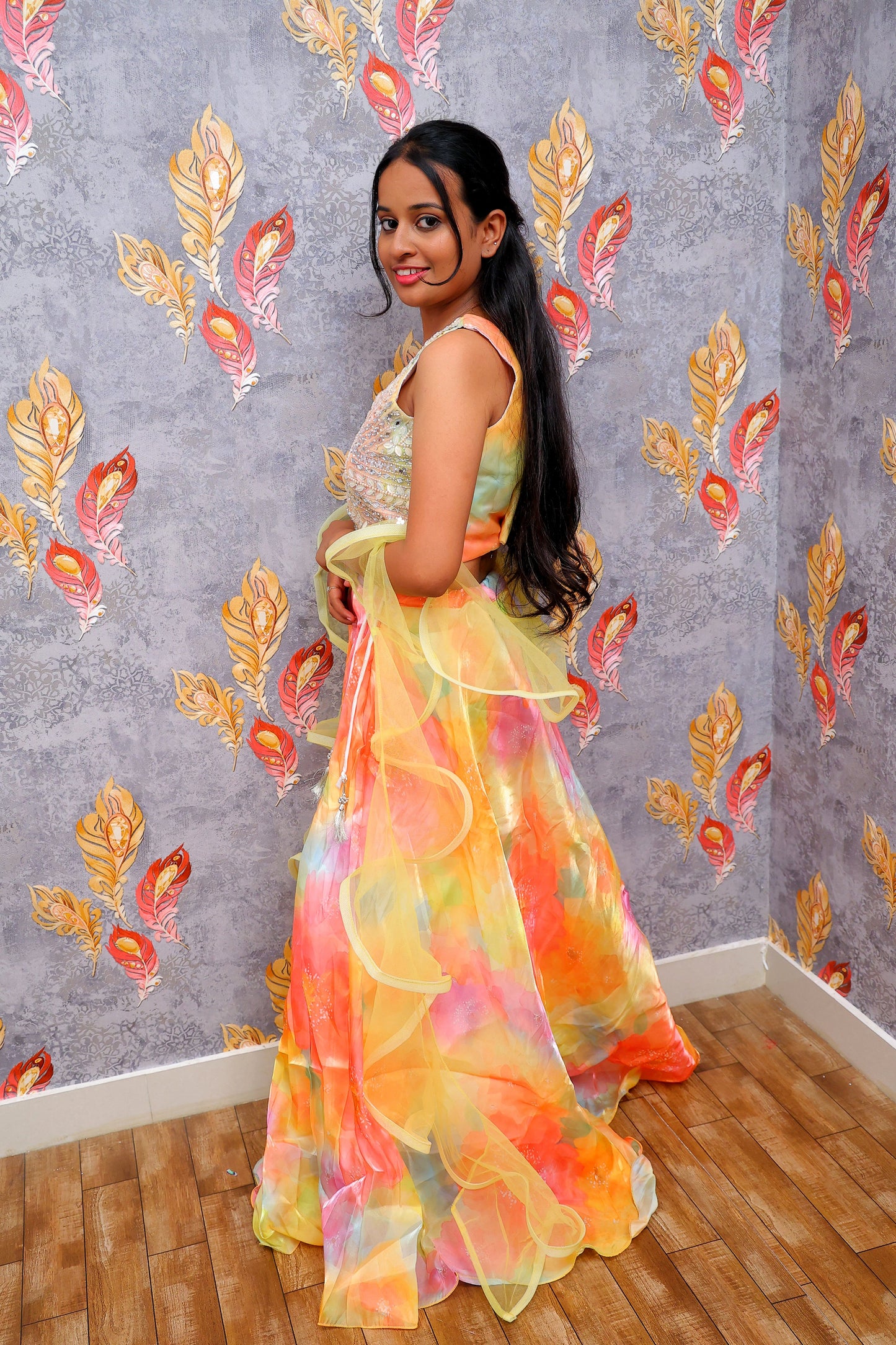Yellow & Orange Lehenga Choli With A Net Dupatta For Women & Girls