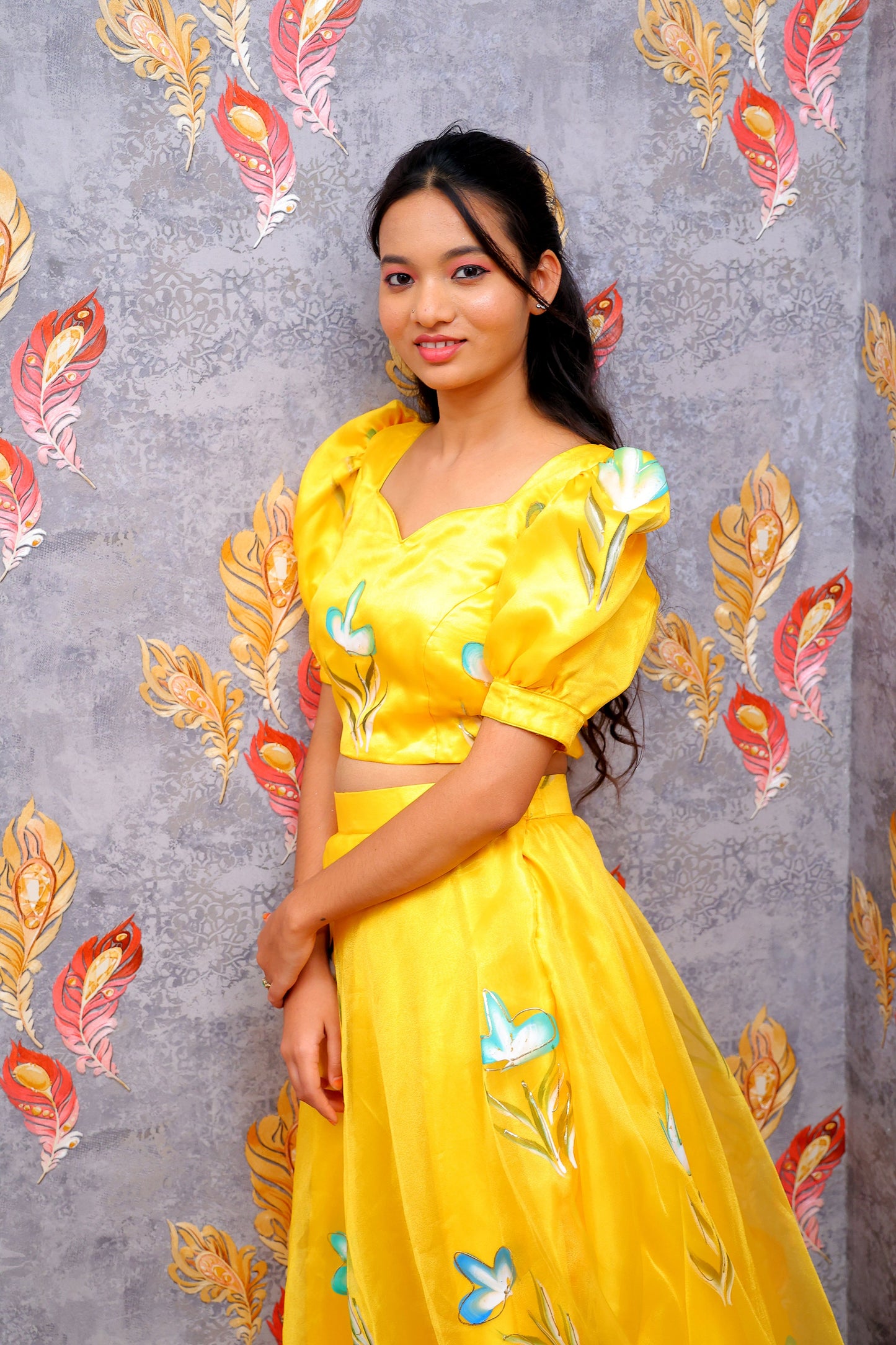 Bright Yellow Floral Lehenga Set For Women & Girls