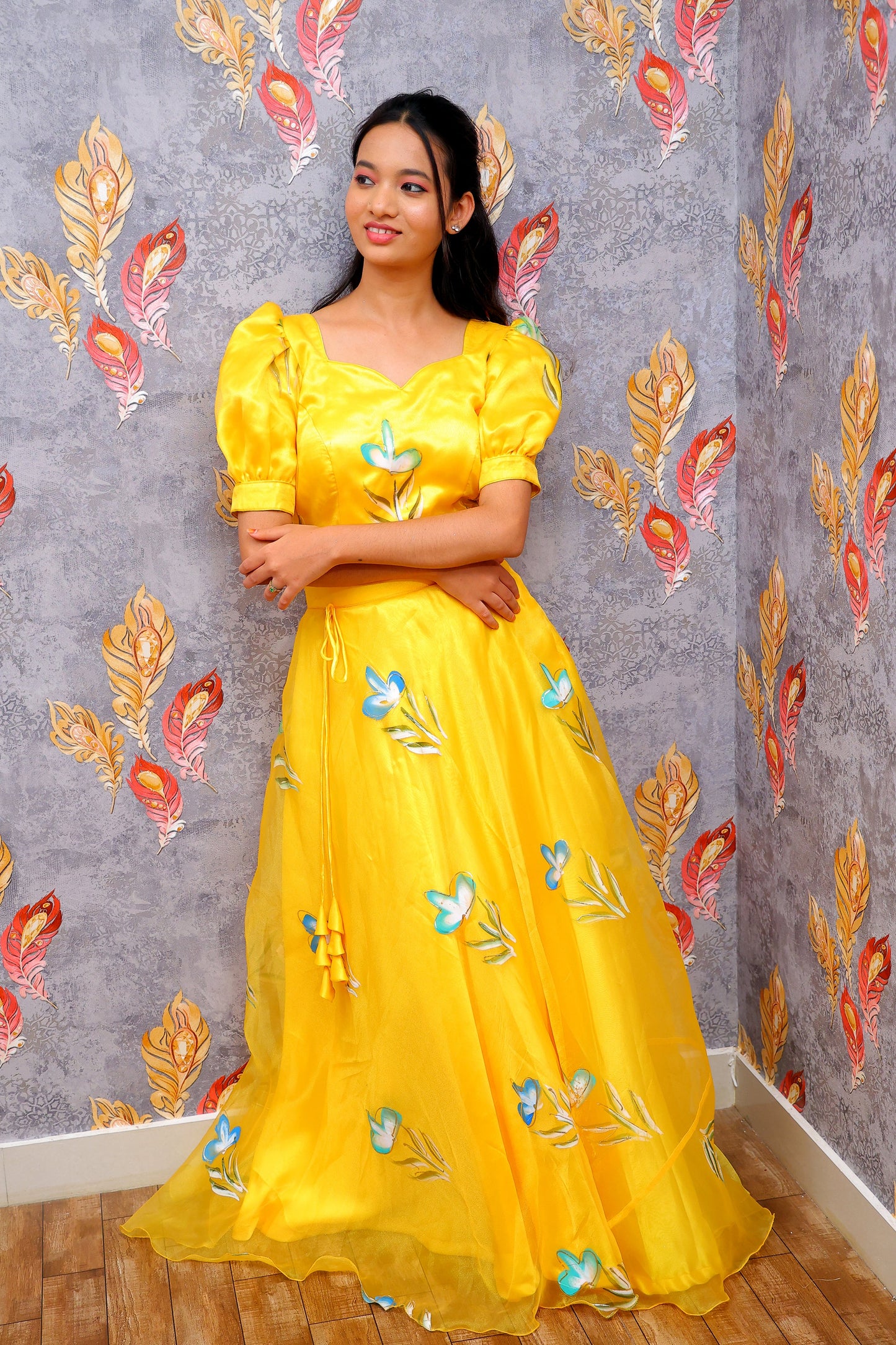 Bright Yellow Floral Lehenga Set For Women & Girls