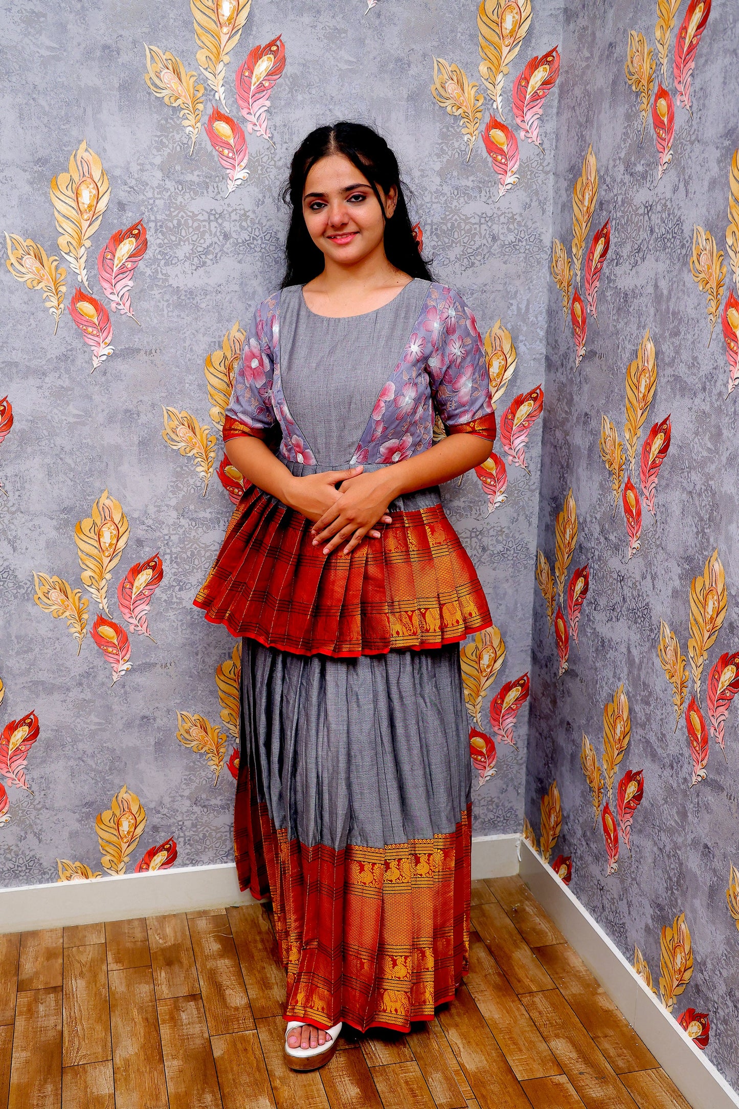 Grey & Rust Orange Feather-Patterned Wallpaper Backdrop Lehenga For Women & Girls