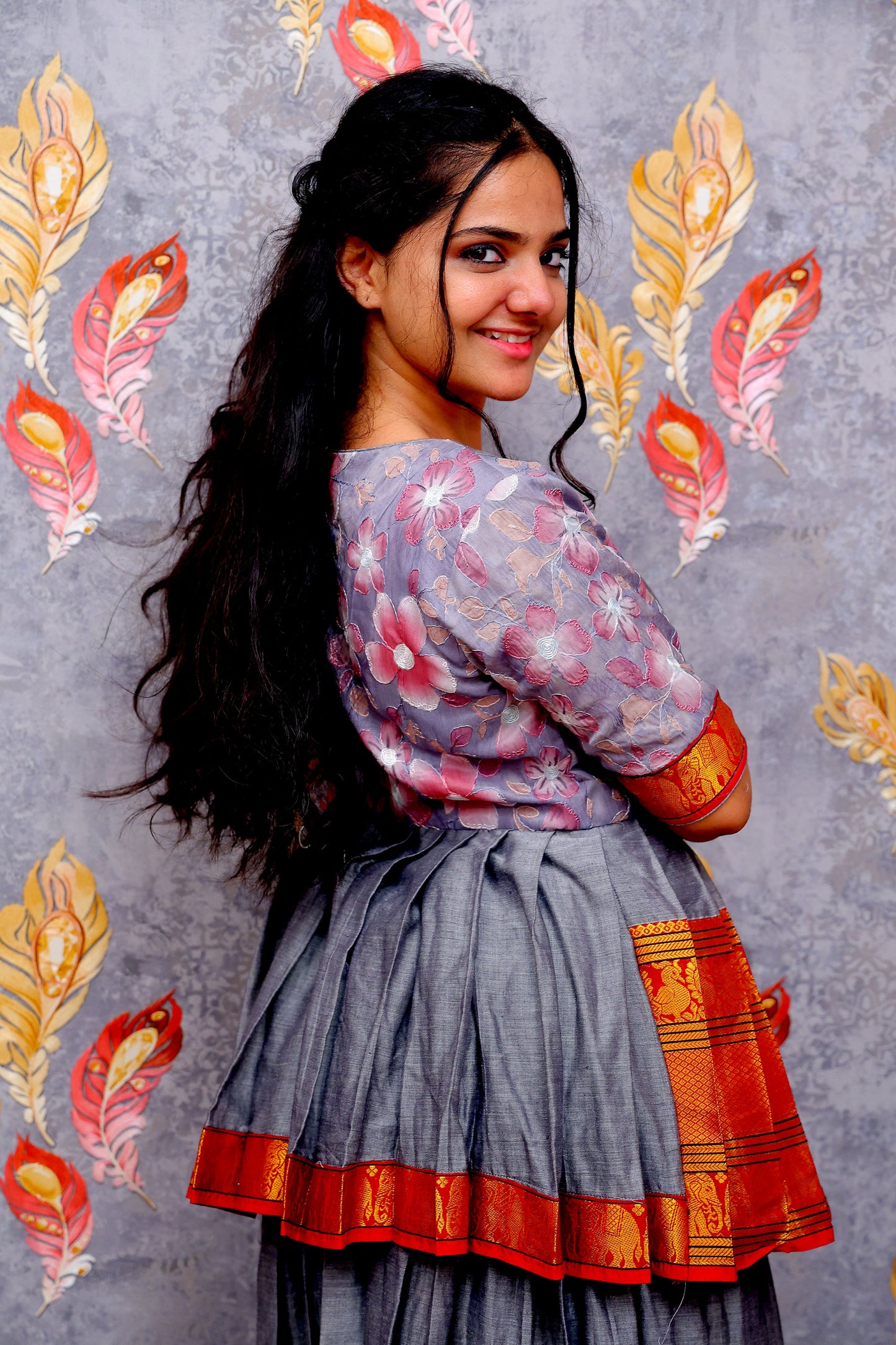 Grey & Rust Orange Feather-Patterned Wallpaper Backdrop Lehenga For Women & Girls