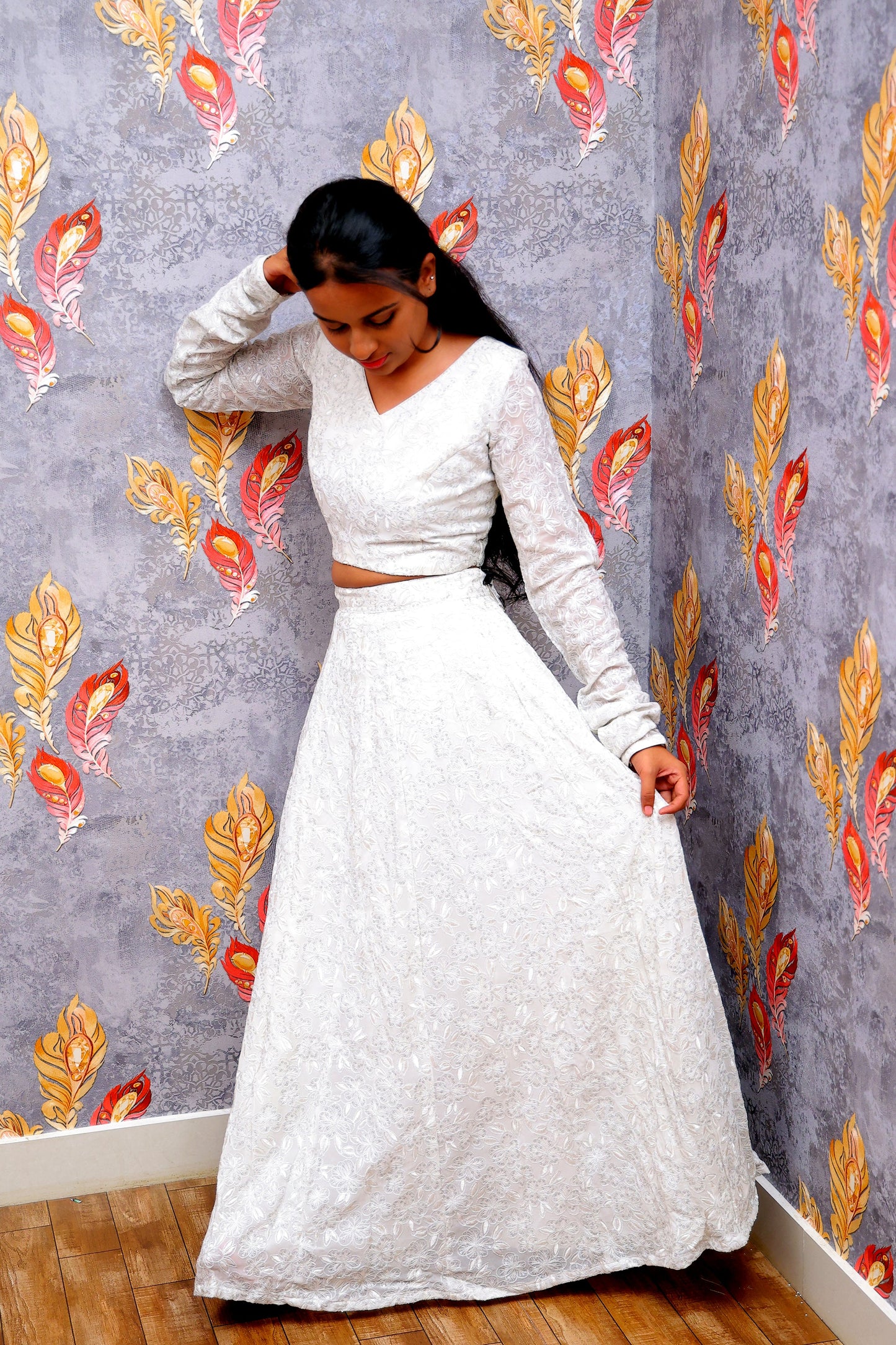 White Long-Sleeved Crop Top With Matching Lehenga For Women & Girls