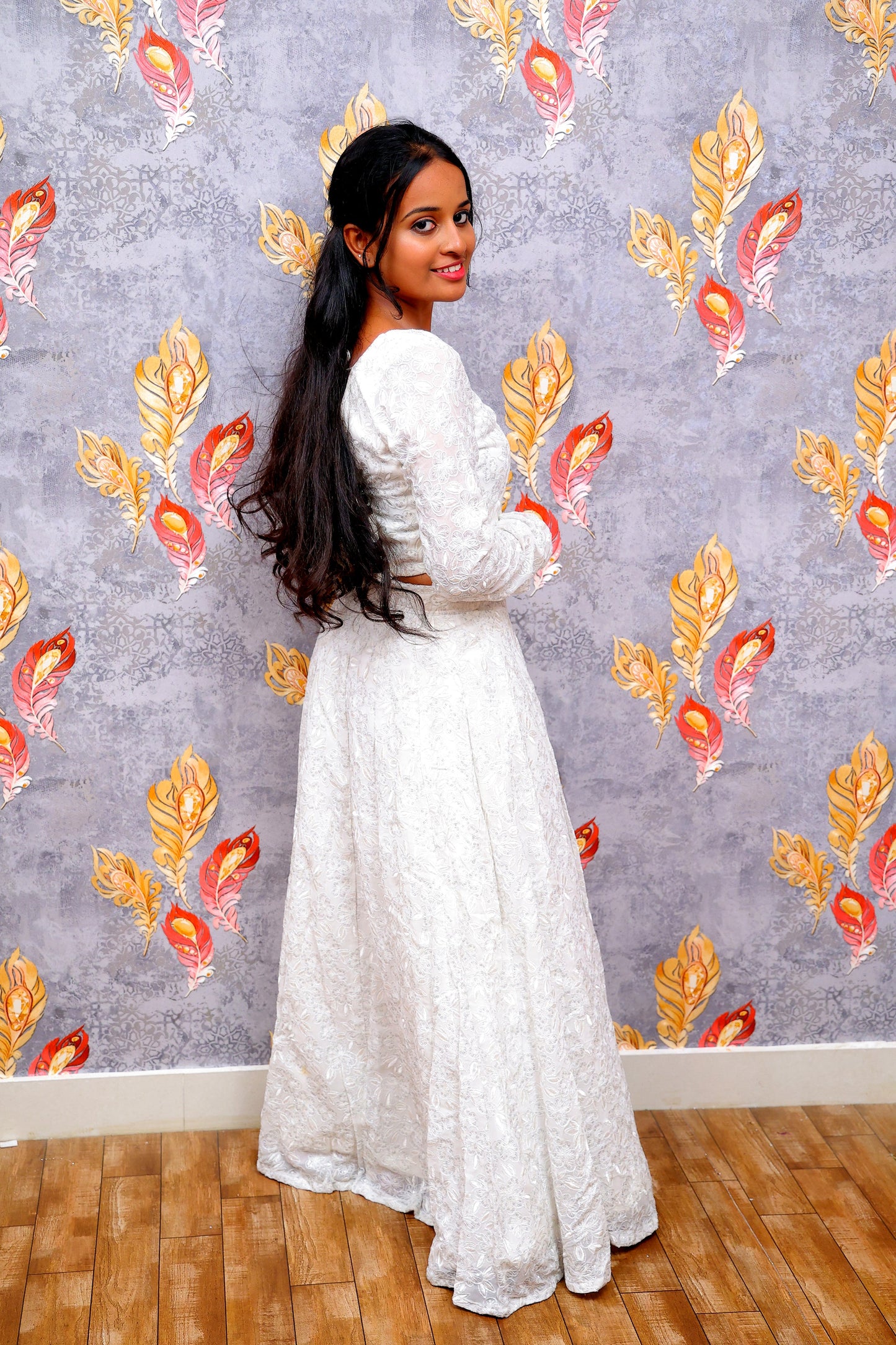 White Long-Sleeved Crop Top With Matching Lehenga For Women & Girls