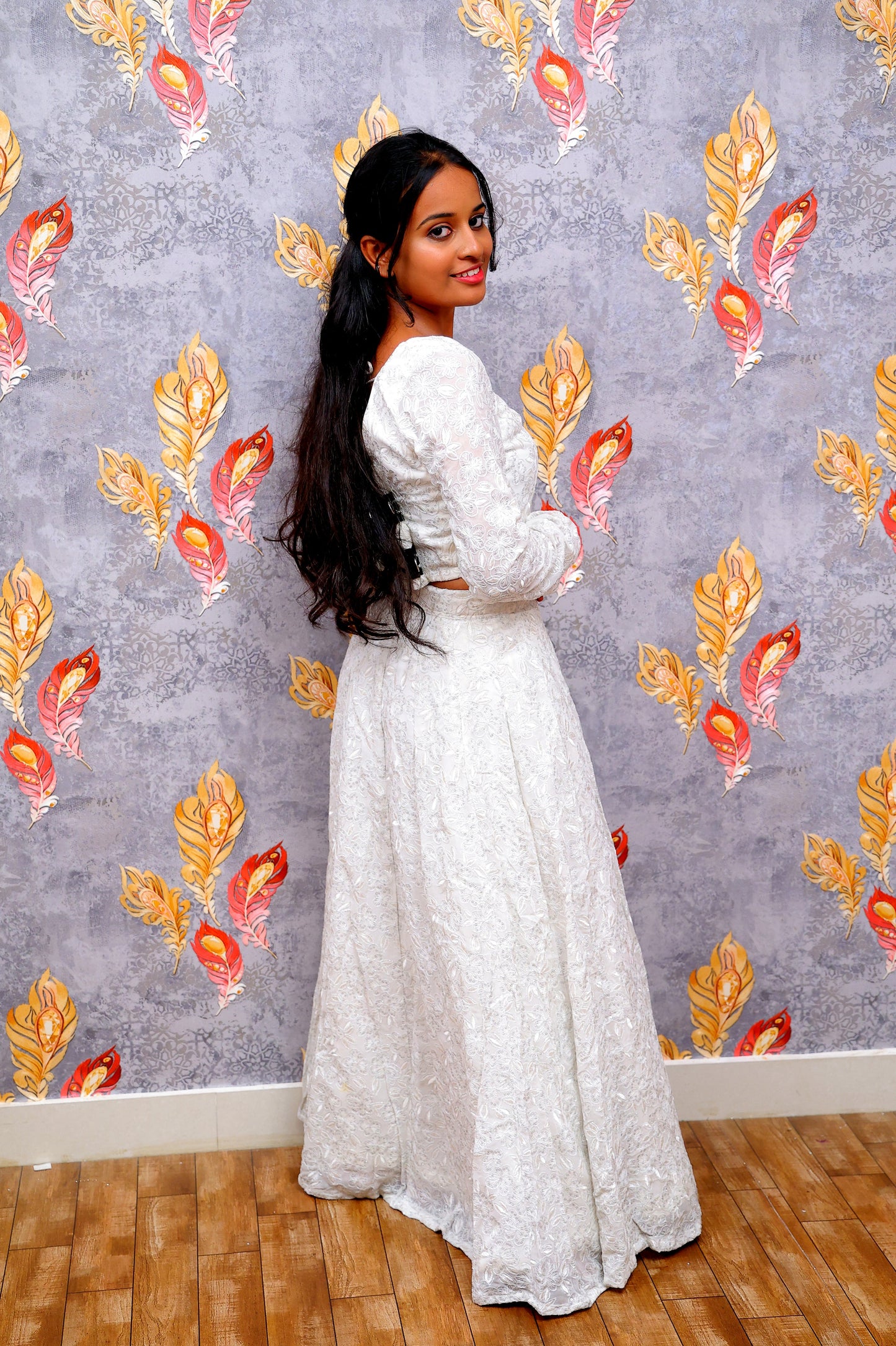 White Long-Sleeved Crop Top With Matching Lehenga For Women & Girls