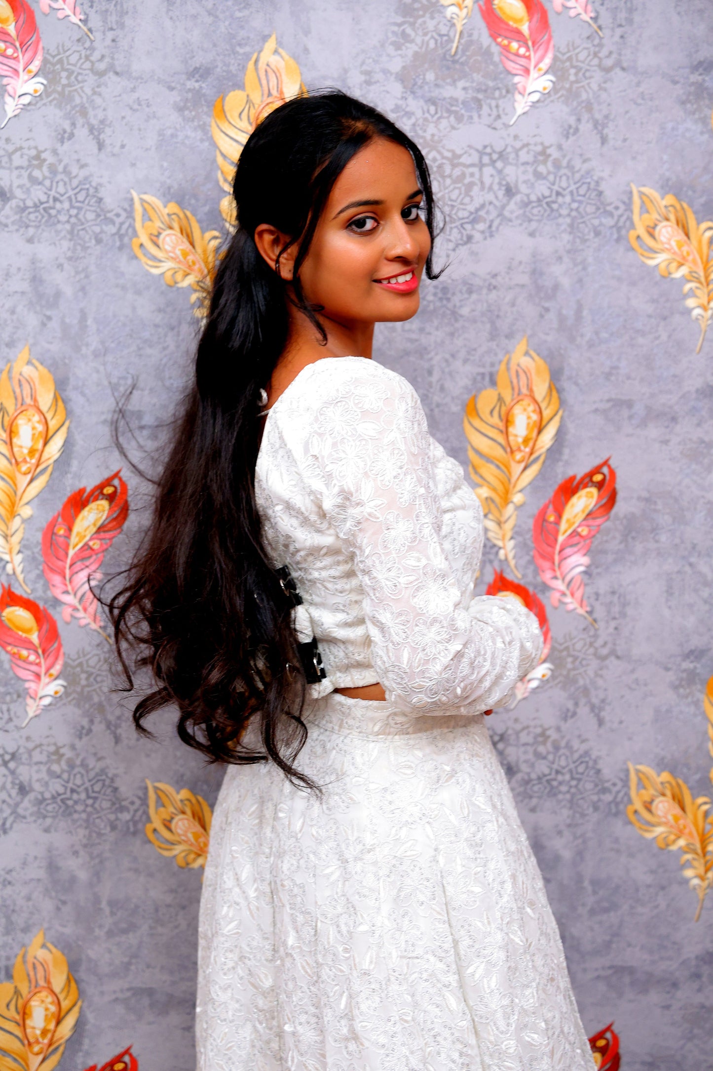 White Long-Sleeved Crop Top With Matching Lehenga For Women & Girls