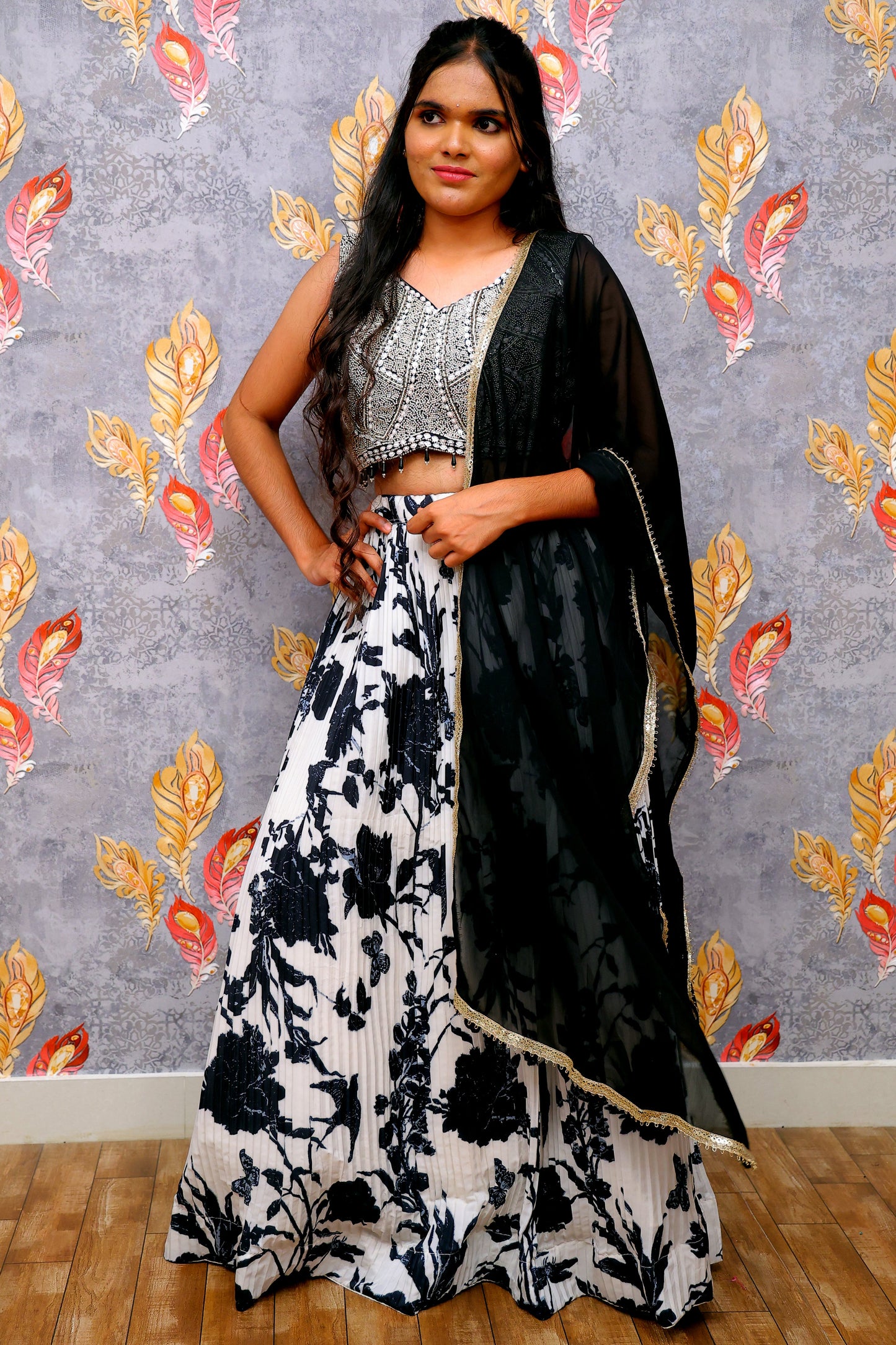 Black & White Floral Print With Sequin Embroidery For Women & Girls