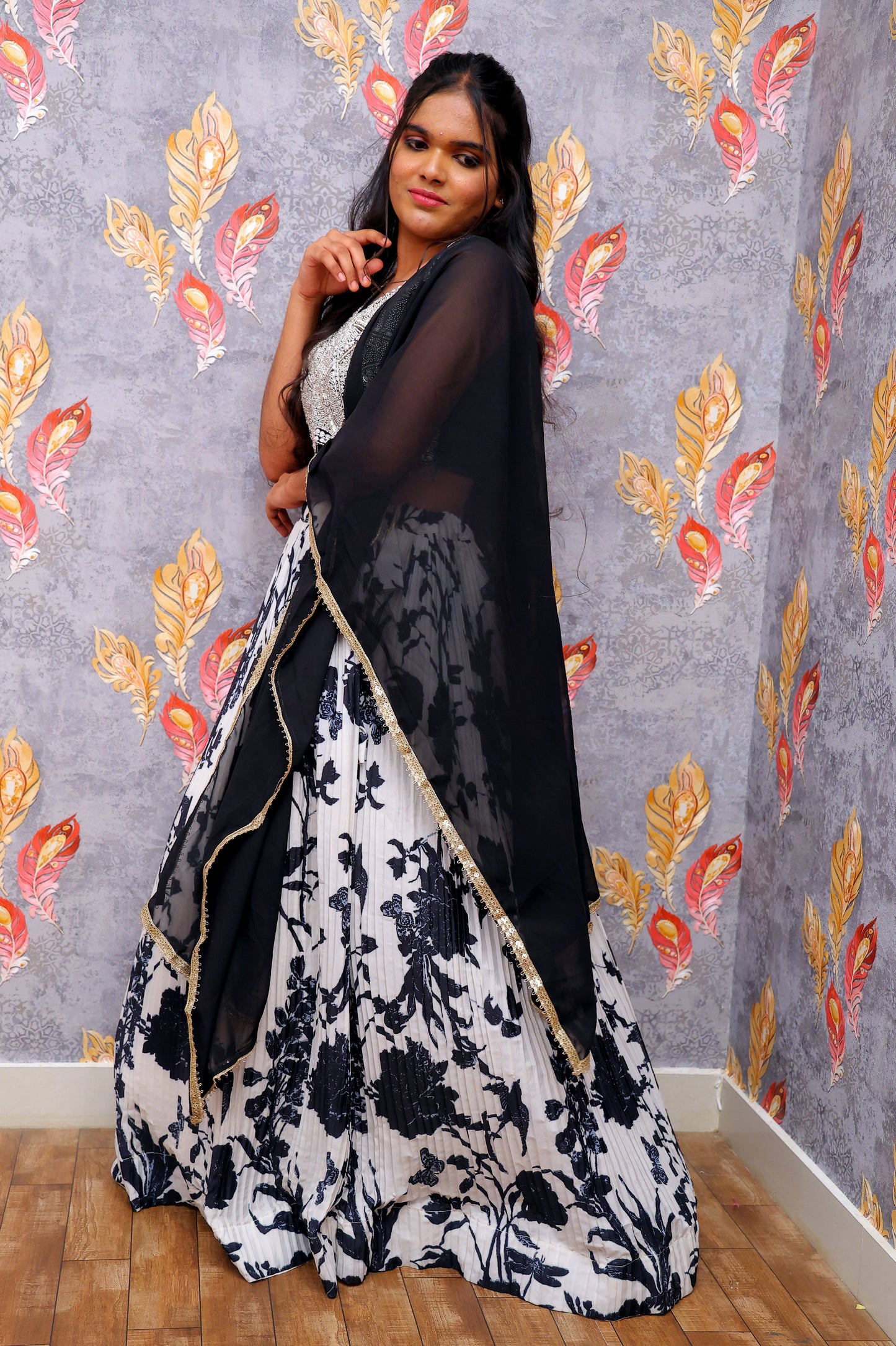 Black & White Floral Print With Sequin Embroidery For Women & Girls