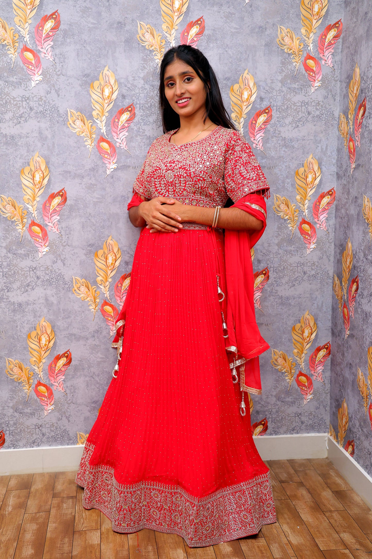 Red Lehenga Choli With Jacquard Design And Embroidery For Women & Girls