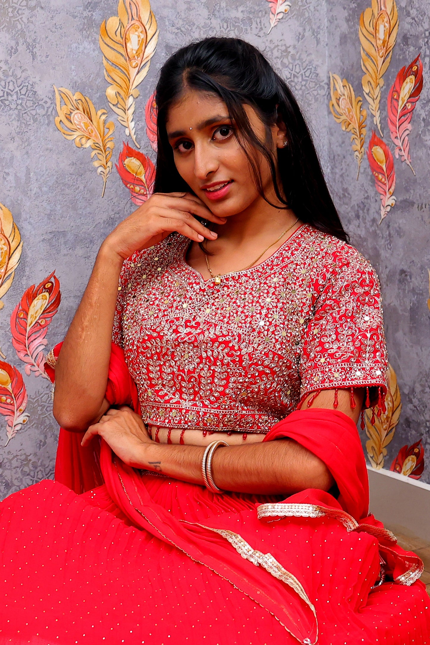 Red Lehenga Choli With Jacquard Design And Embroidery For Women & Girls