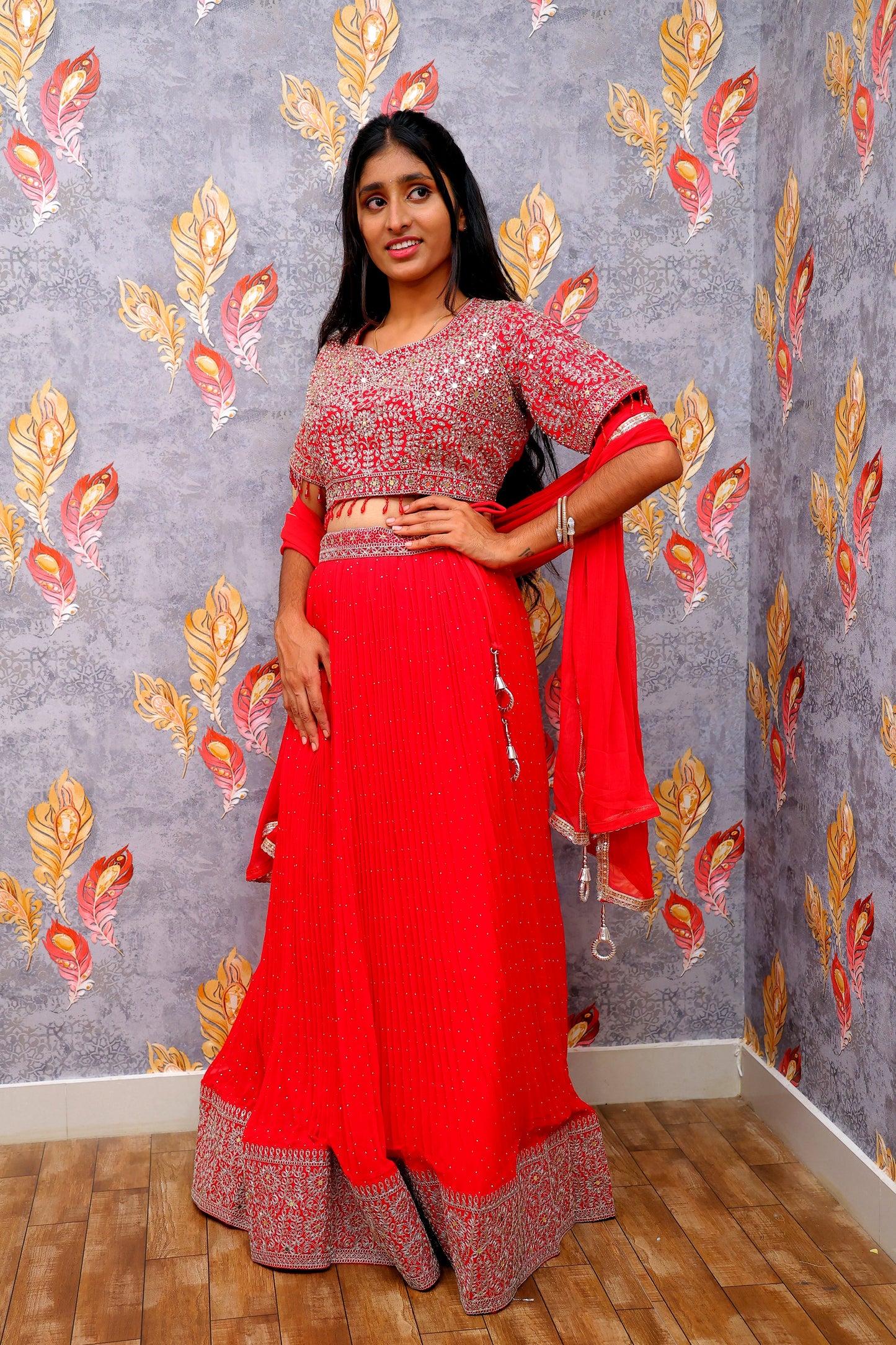 Red Lehenga Choli With Jacquard Design And Embroidery For Women & Girls