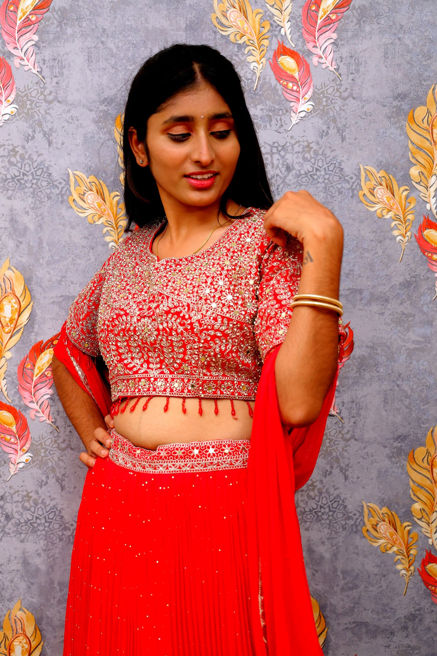 Red Lehenga Choli With Jacquard Design And Embroidery For Women & Girls