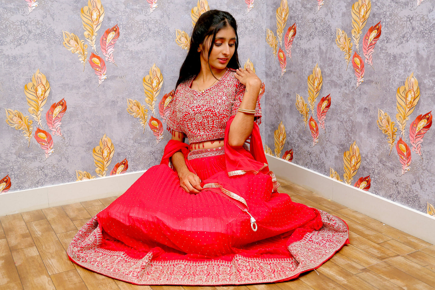 Red Lehenga Choli With Jacquard Design And Embroidery For Women & Girls