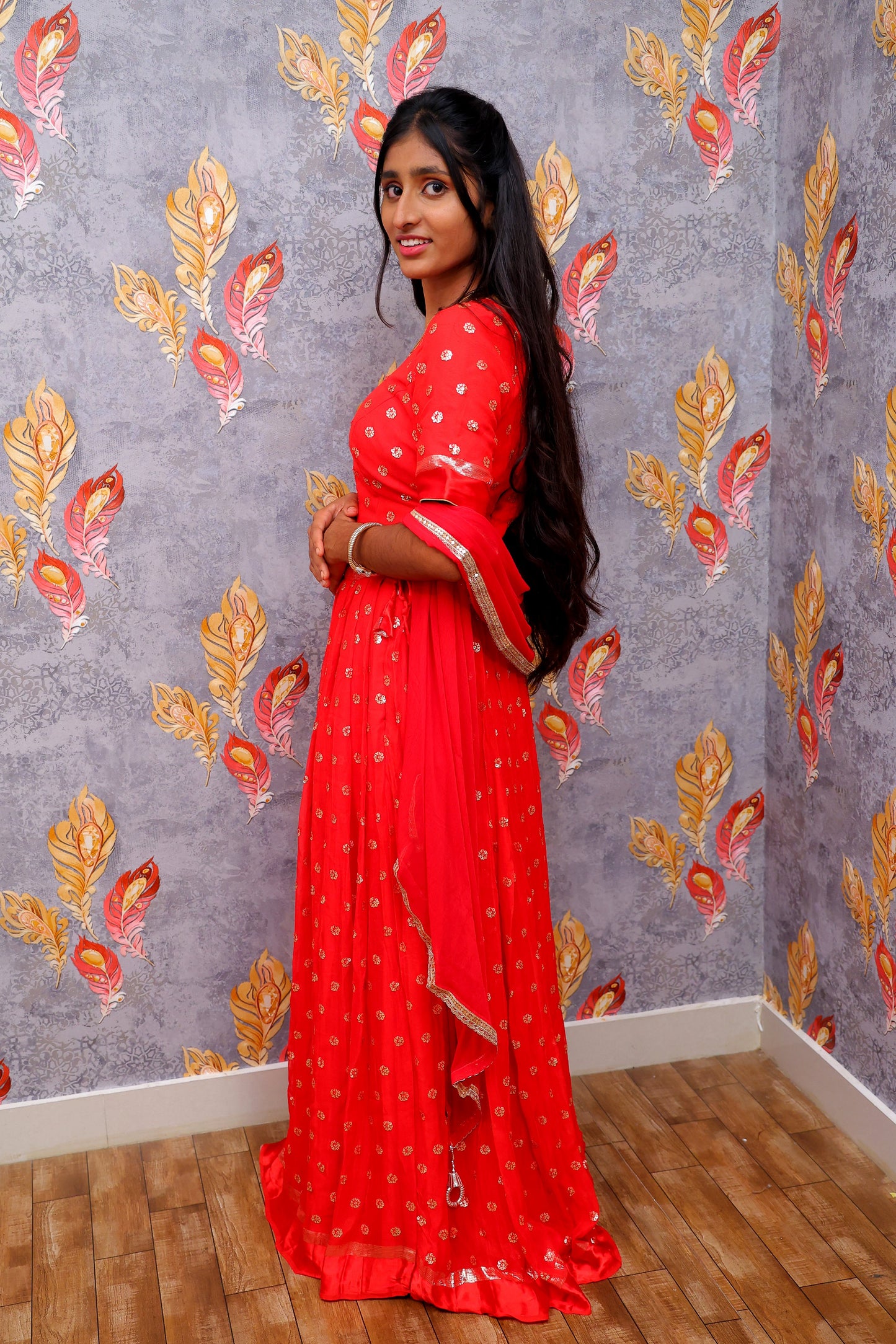 Vibrant Red Small, Scattered Gold-Colored Embellishments Lehenga For Women & Girls