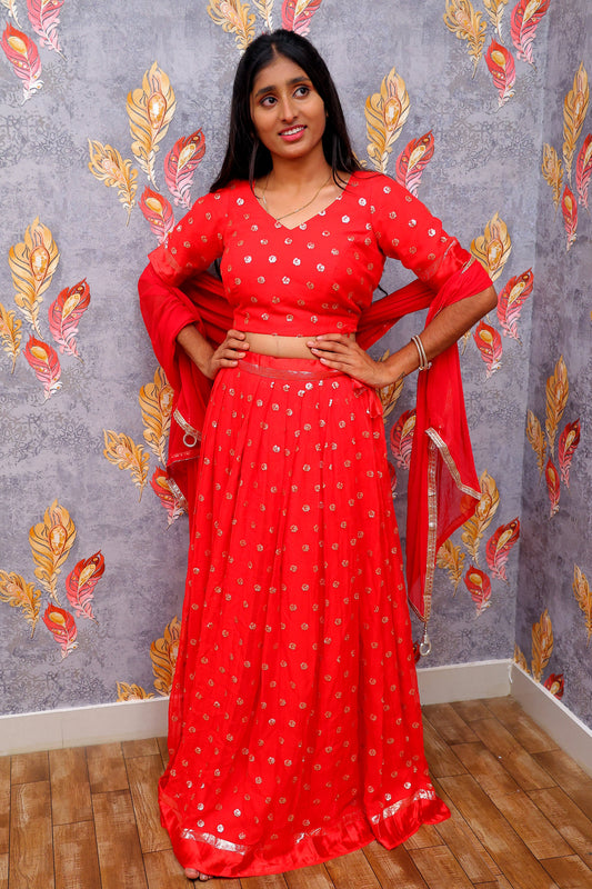 Vibrant Red Small, Scattered Gold-Colored Embellishments Lehenga For Women & Girls