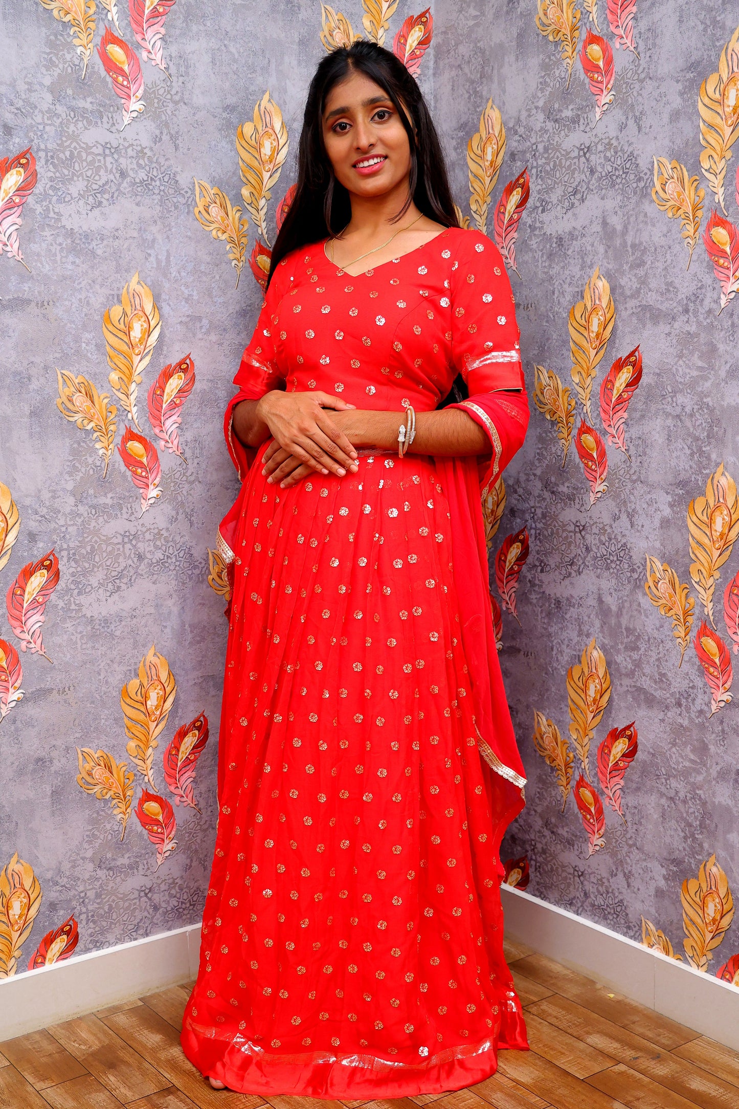 Vibrant Red Small, Scattered Gold-Colored Embellishments Lehenga For Women & Girls