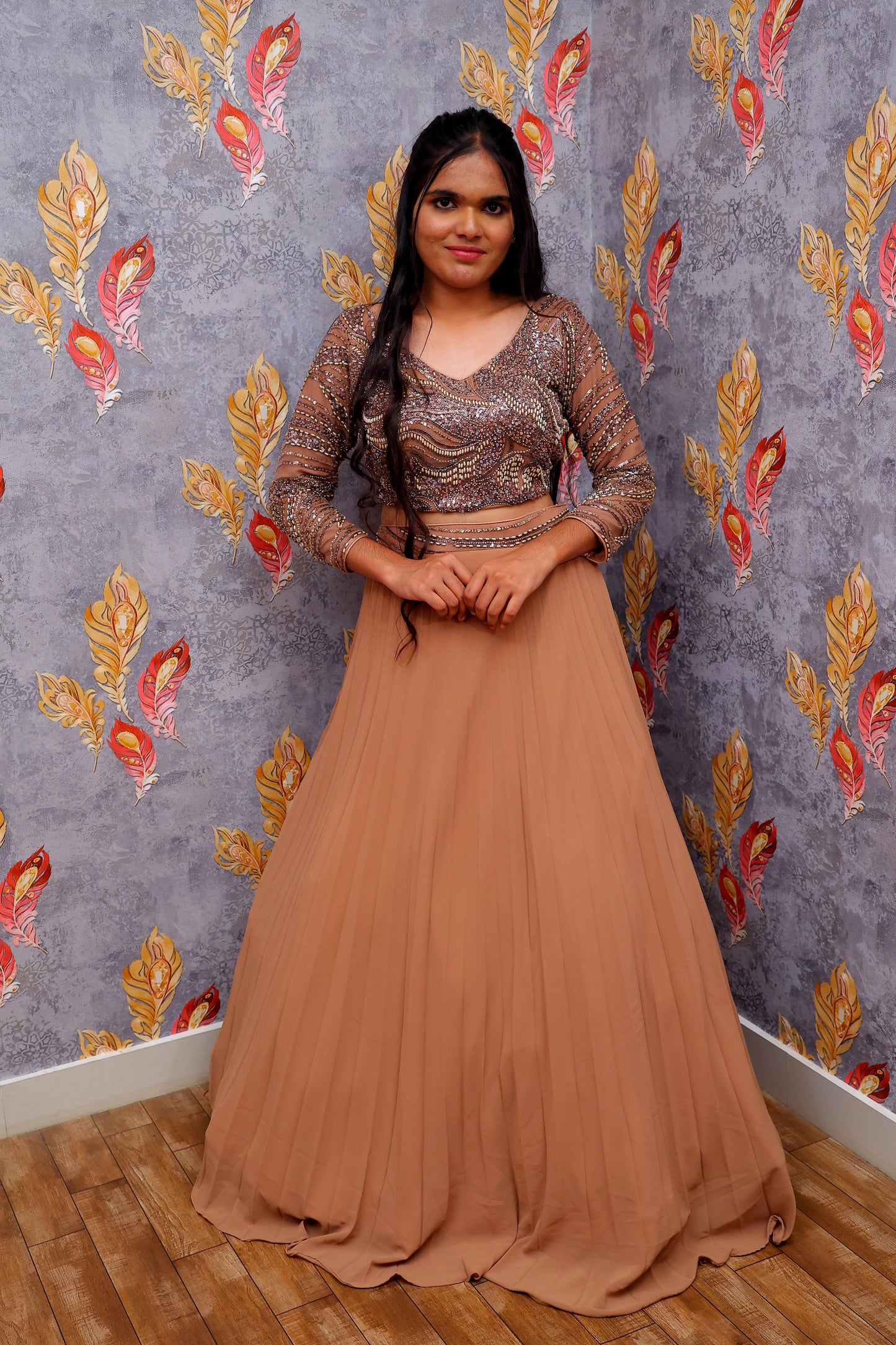 Light Brown Sequin-Embellished Top With Solid Skirt For Women & Girls