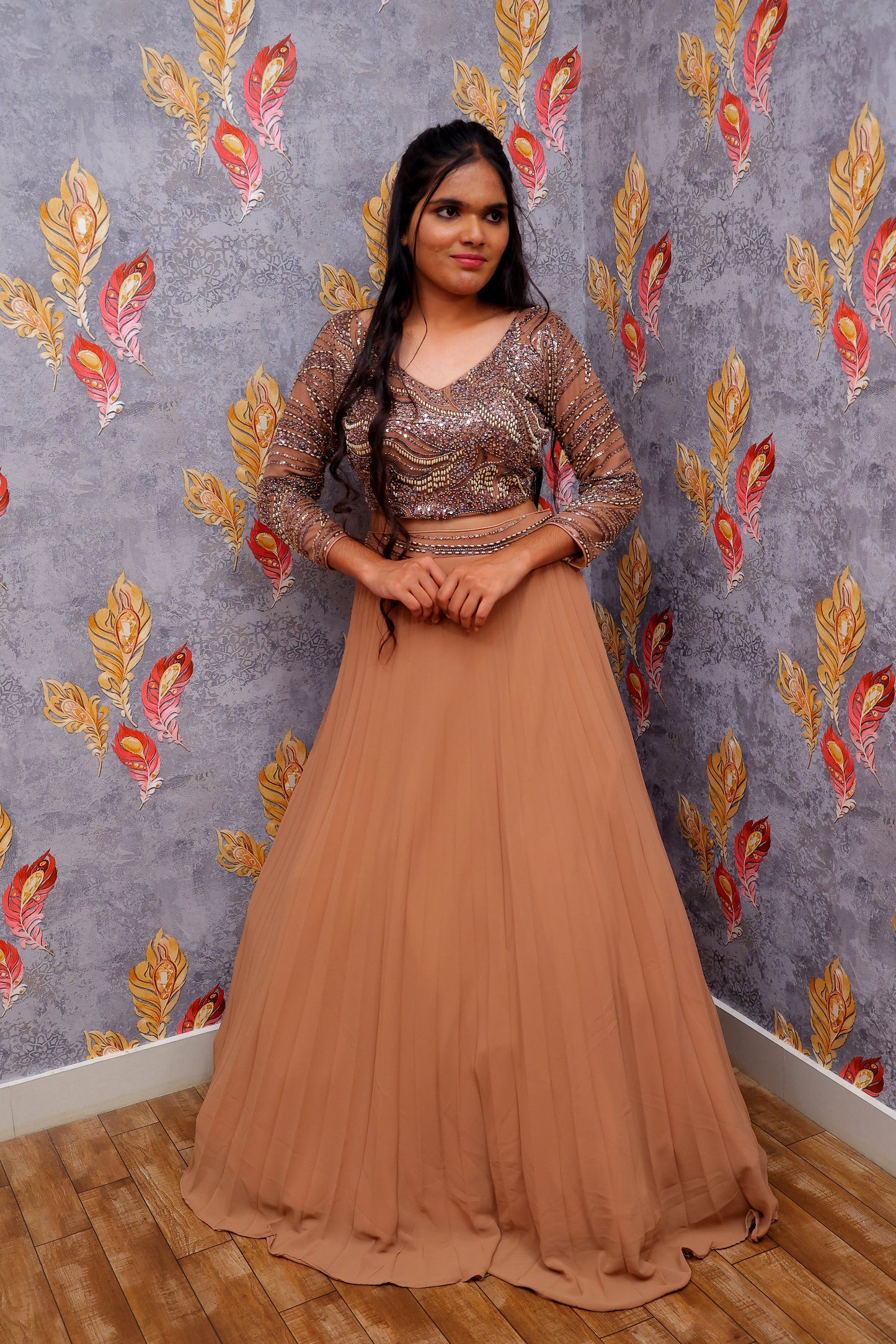 Light Brown Sequin-Embellished Top With Solid Skirt For Women & Girls