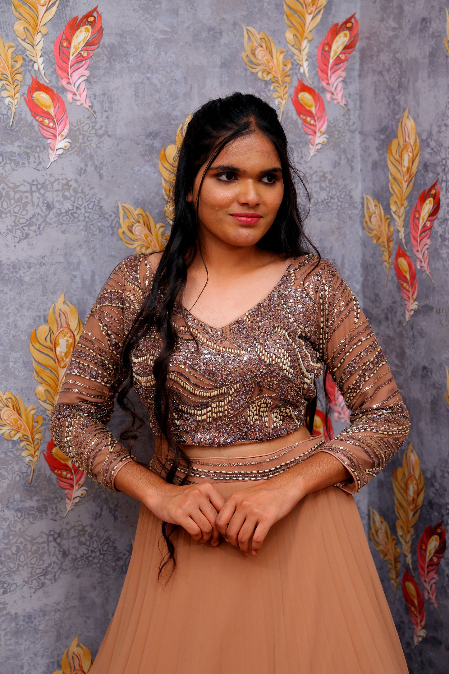 Light Brown Sequin-Embellished Top With Solid Skirt For Women & Girls