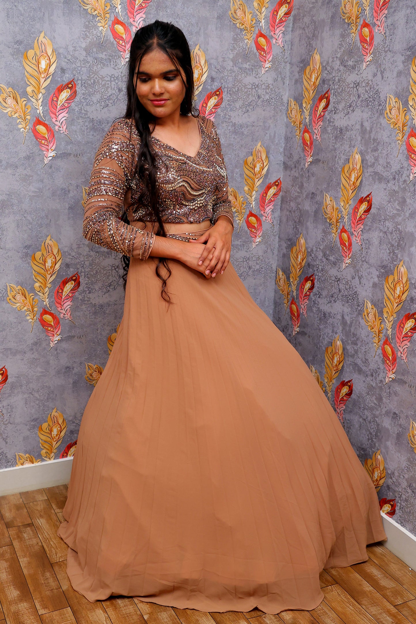 Light Brown Sequin-Embellished Top With Solid Skirt For Women & Girls