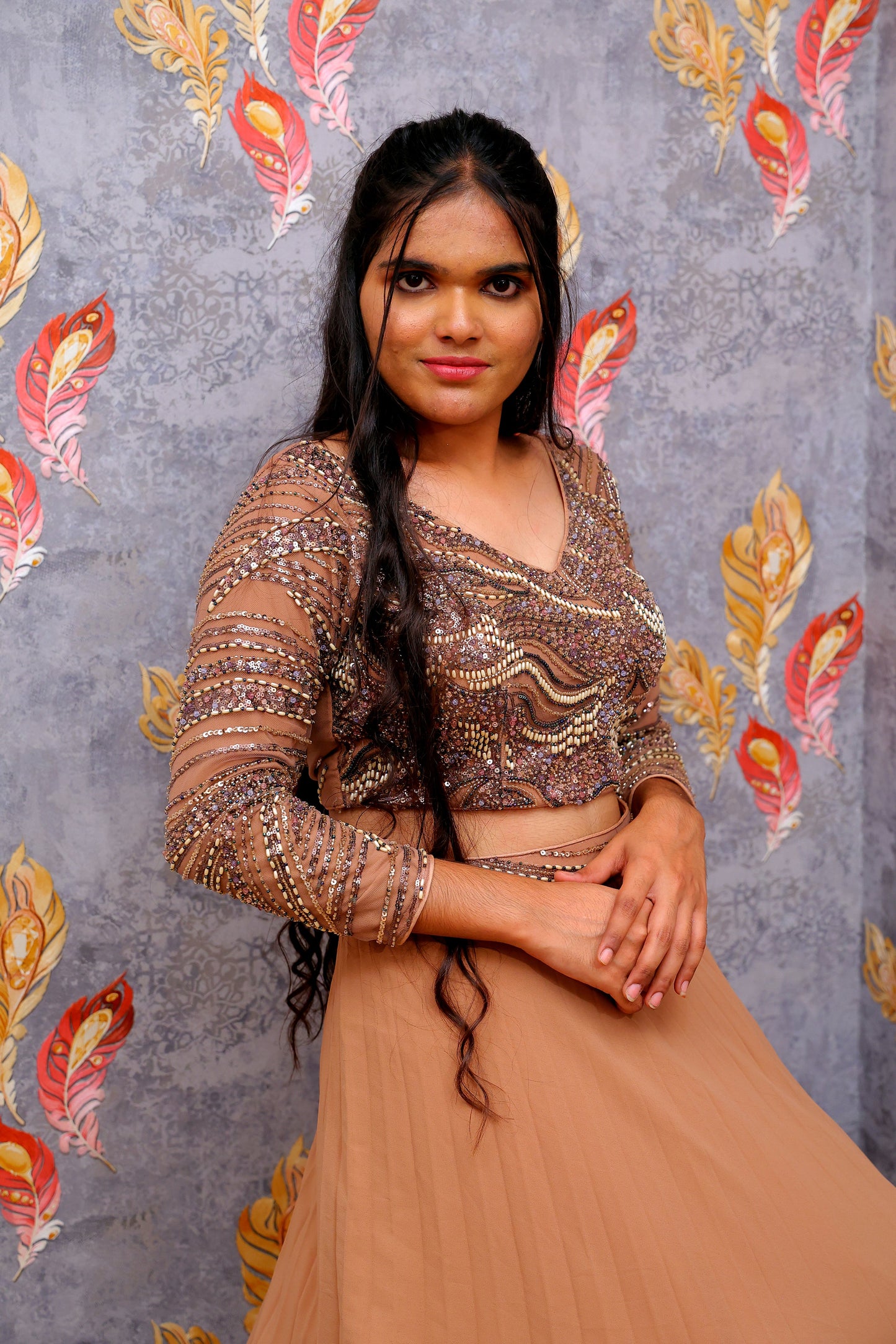 Light Brown Sequin-Embellished Top With Solid Skirt For Women & Girls