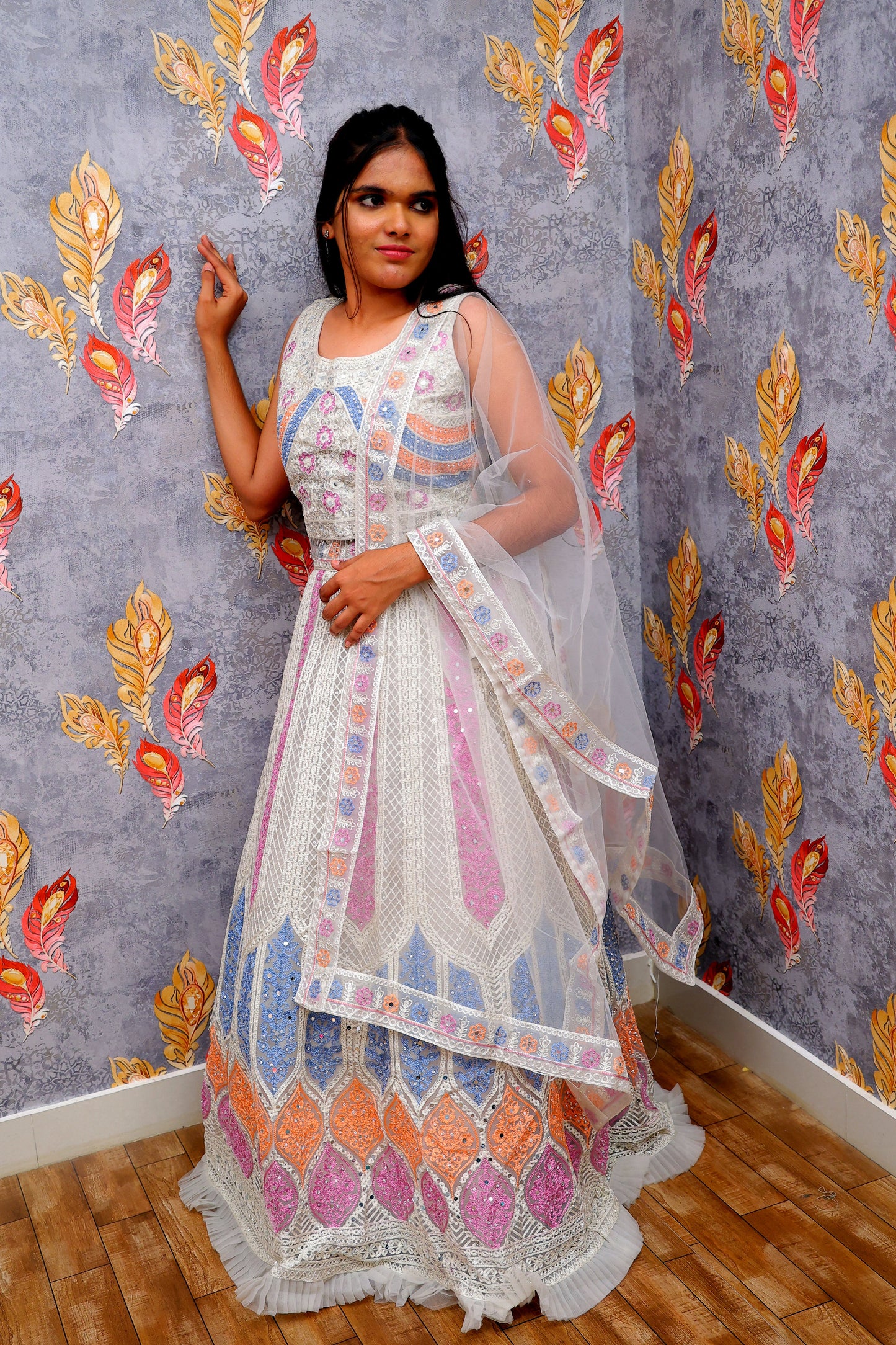 White Lehenga Choli With A Sheer Dupatta For Women & Girls