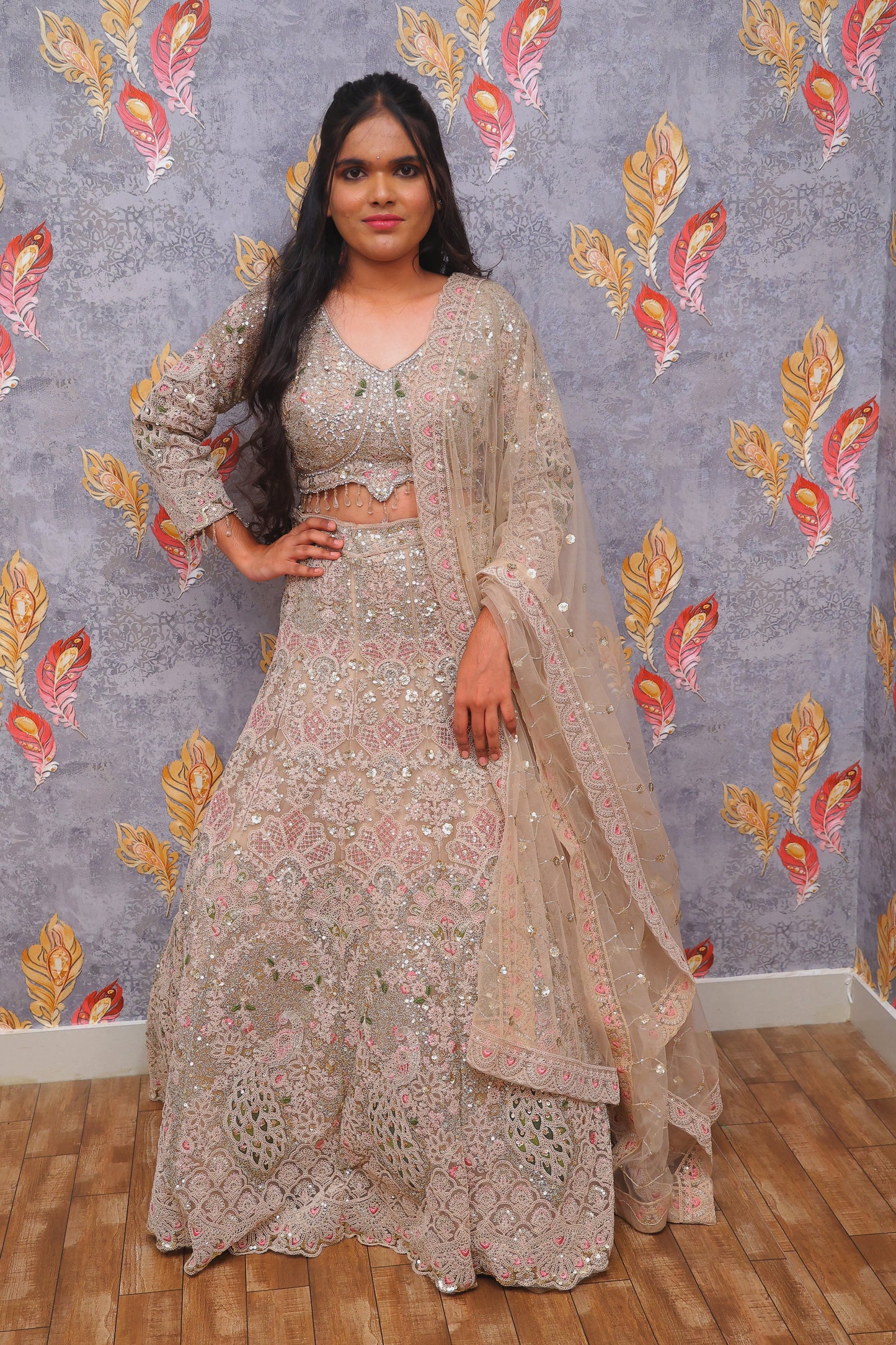 Beige Embellished Designer Lehenga For Women & Girls