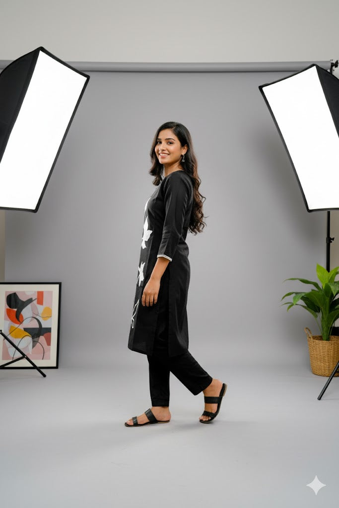 Black With White Chinon Floral Kurti For Women & Girls