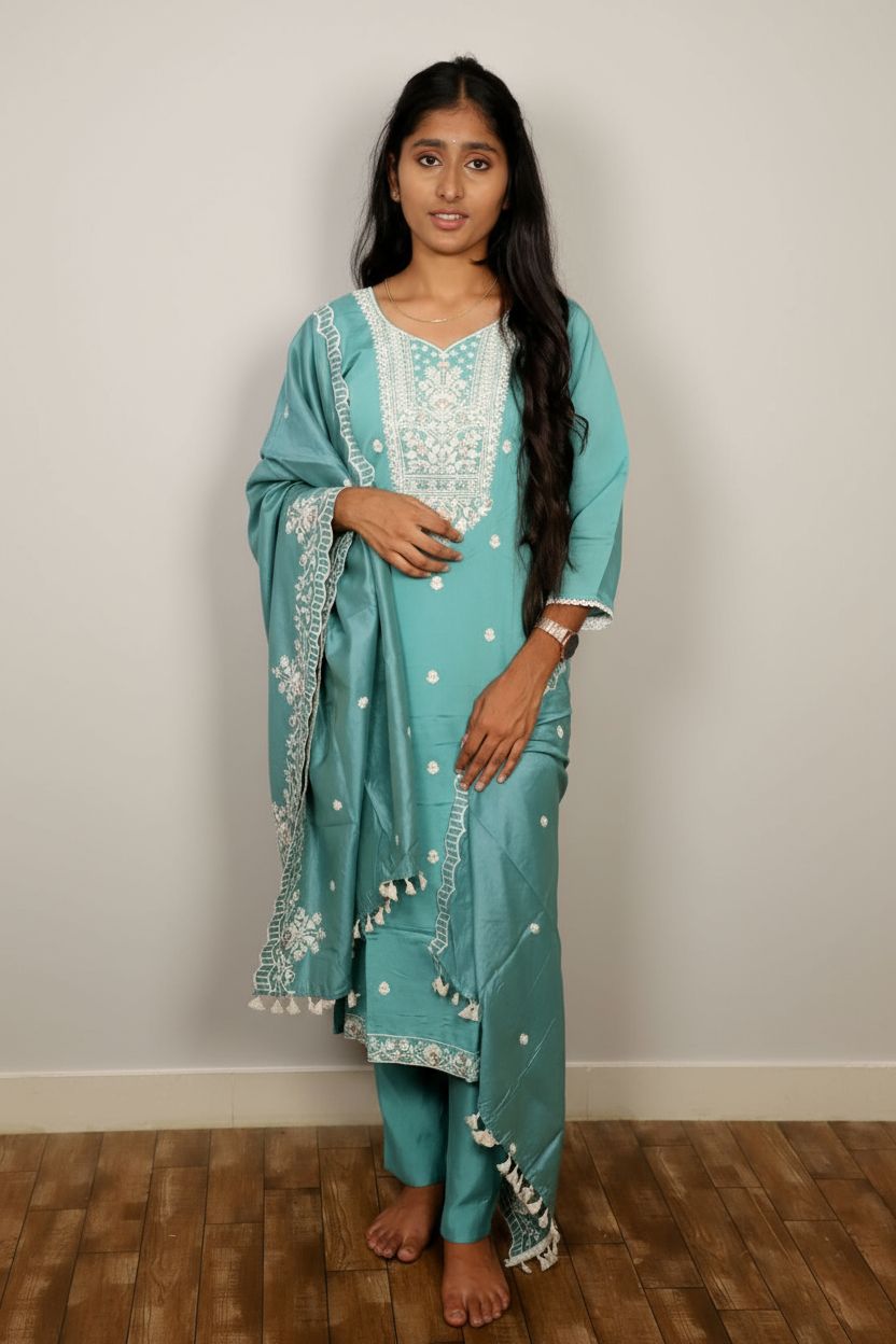 Teal Salwar Kameez With White Embroidery For Women & Girls