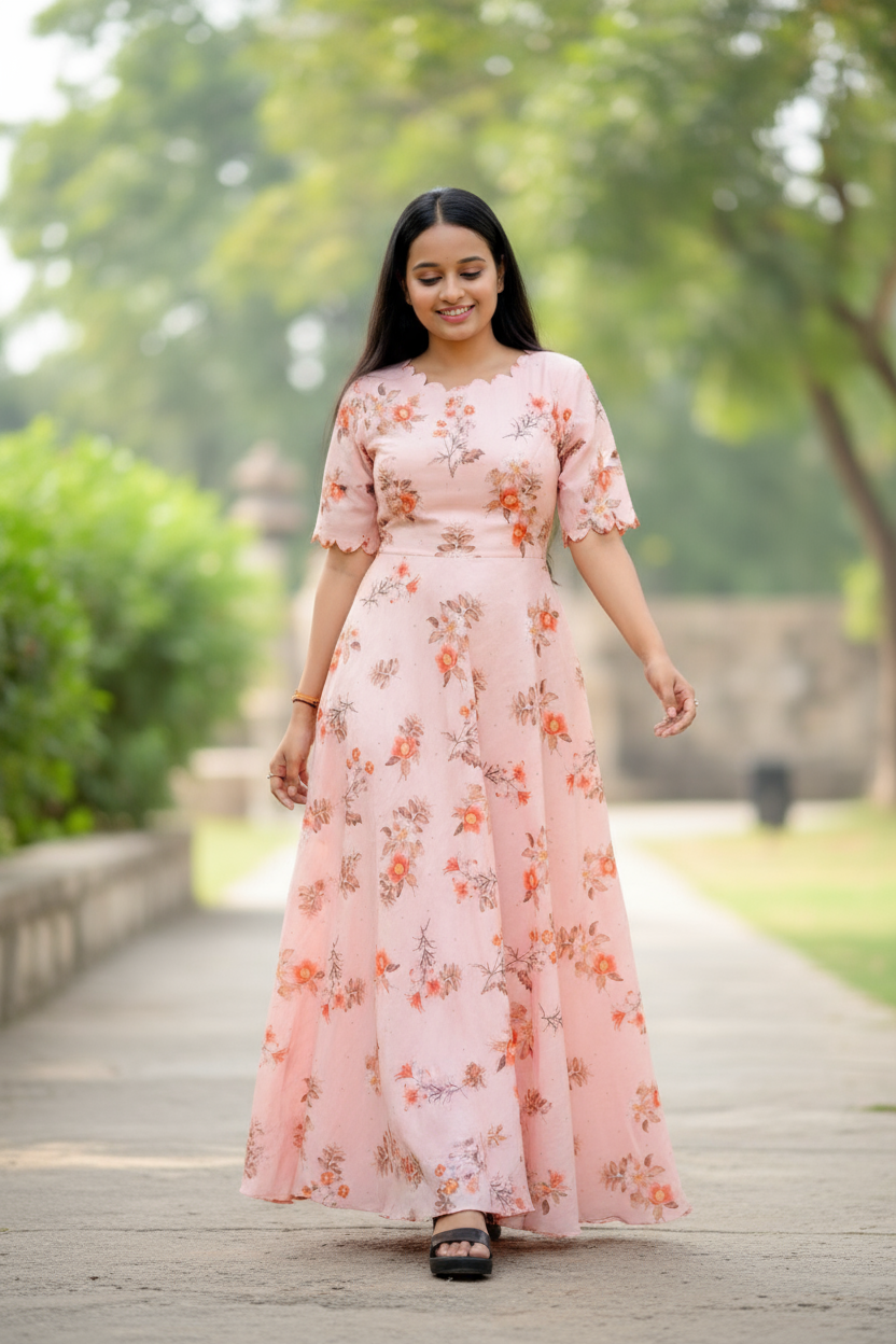 Pink Floor-Length A-Line Gown For Women & Girls