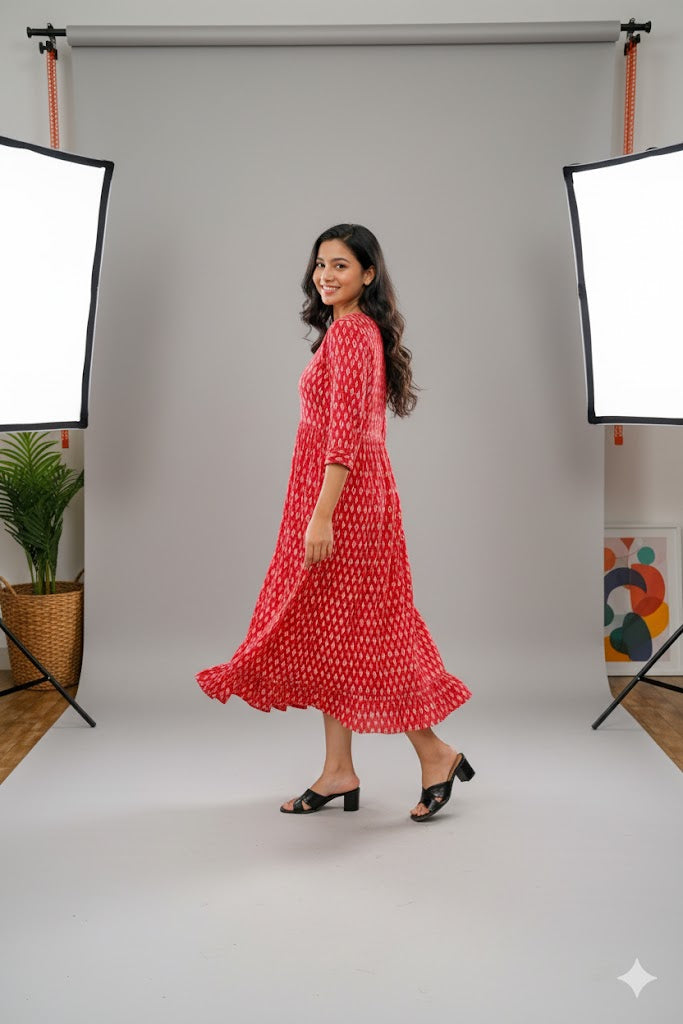 Vibrant Red Red Ethnic Motif Frock For Women & Girls