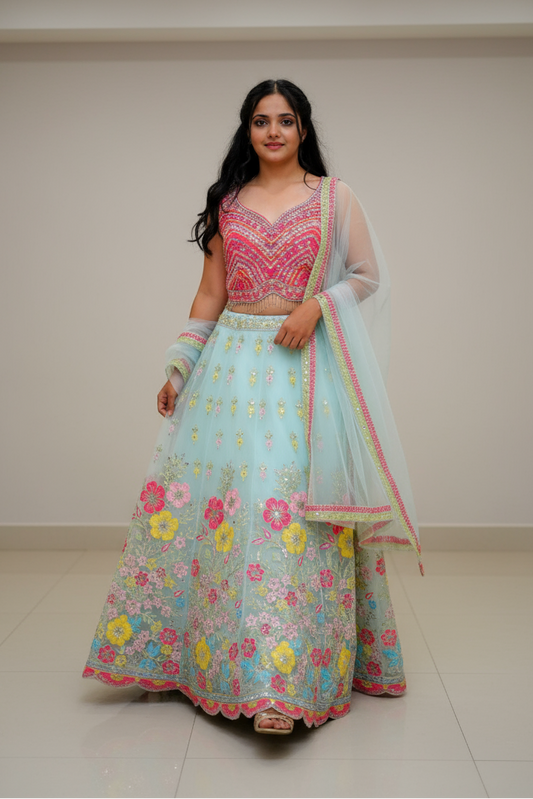 Red & White Top With Square Neckline And Puff Sleeves Lehenga For Women & Girls (Copy)