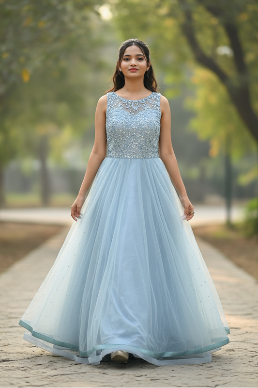 Blue Silver Beaded Bodice With Tulle Gown For Women & Girls