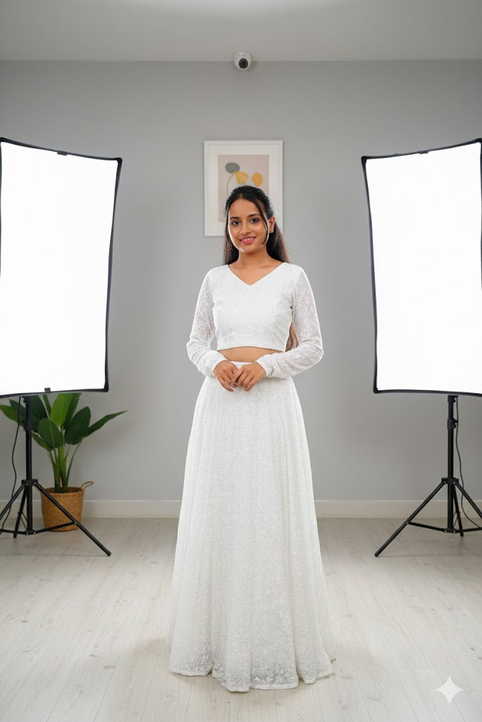 White Long-Sleeved Crop Top With Matching Lehenga For Women & Girls